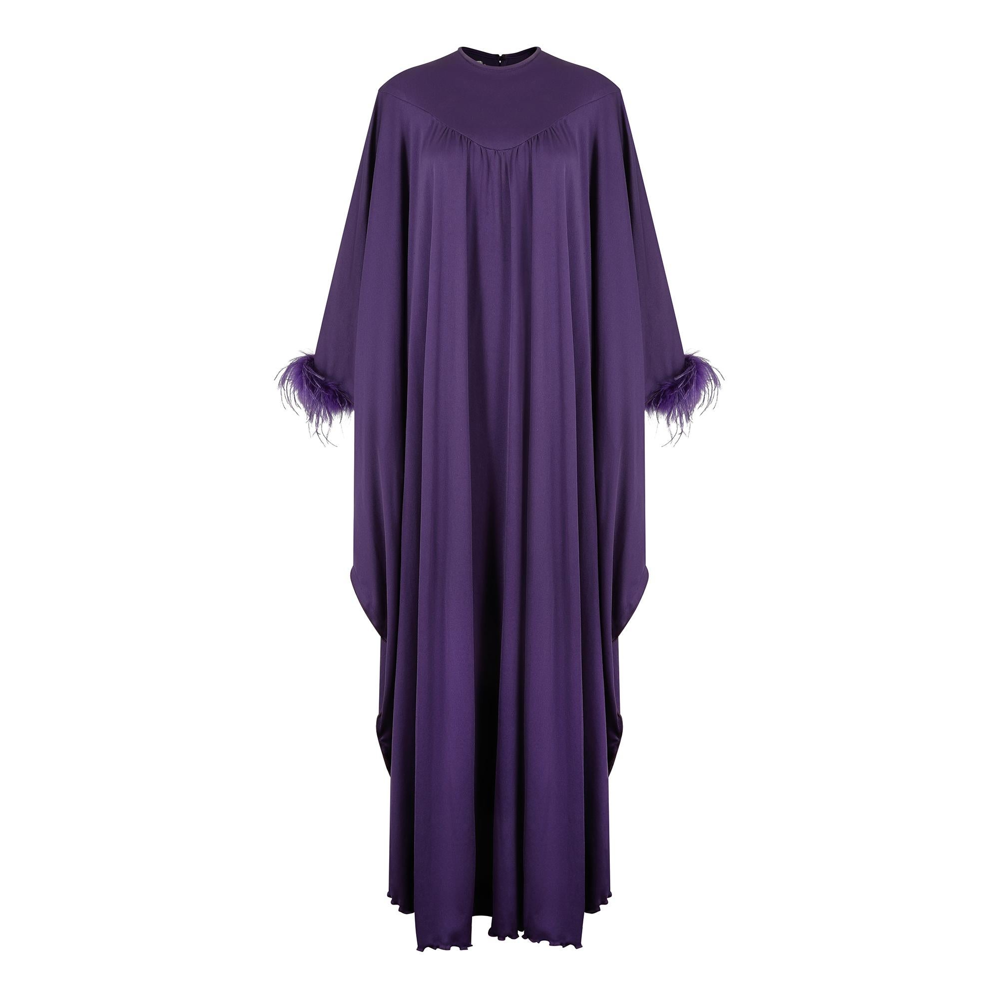 1970s John Charles Purple Jersey & Feather Trapeze Dress