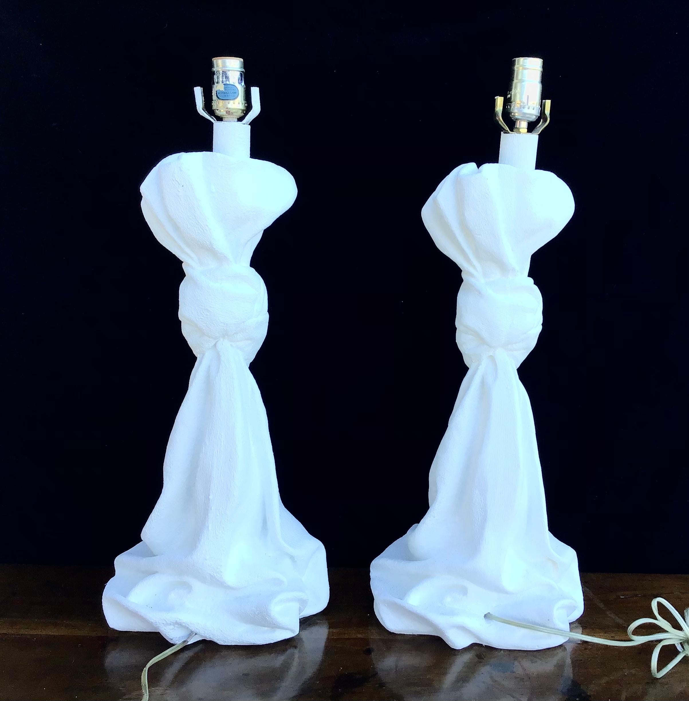 1970s John Dickinson Style Draped Plaster Table Lamps, a Pair In Good Condition In Bradenton, FL