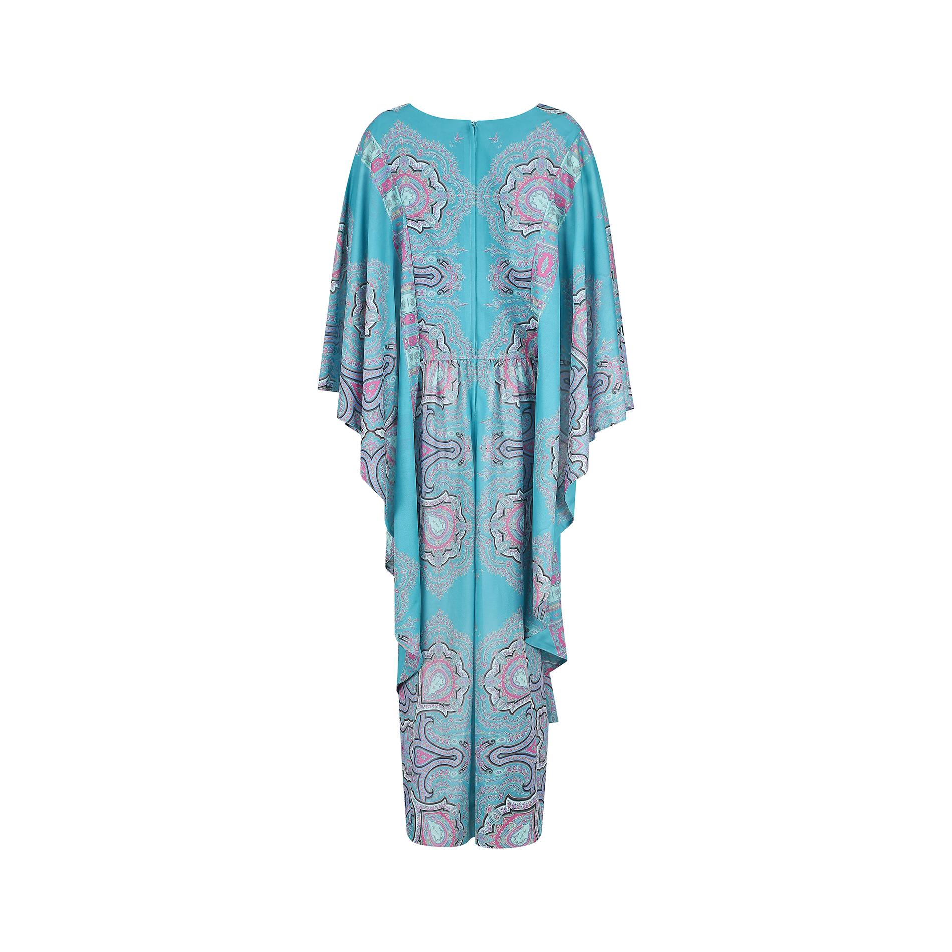 1970s John Neville Turquoise Paisley Print Maxi Dress In Excellent Condition For Sale In London, GB