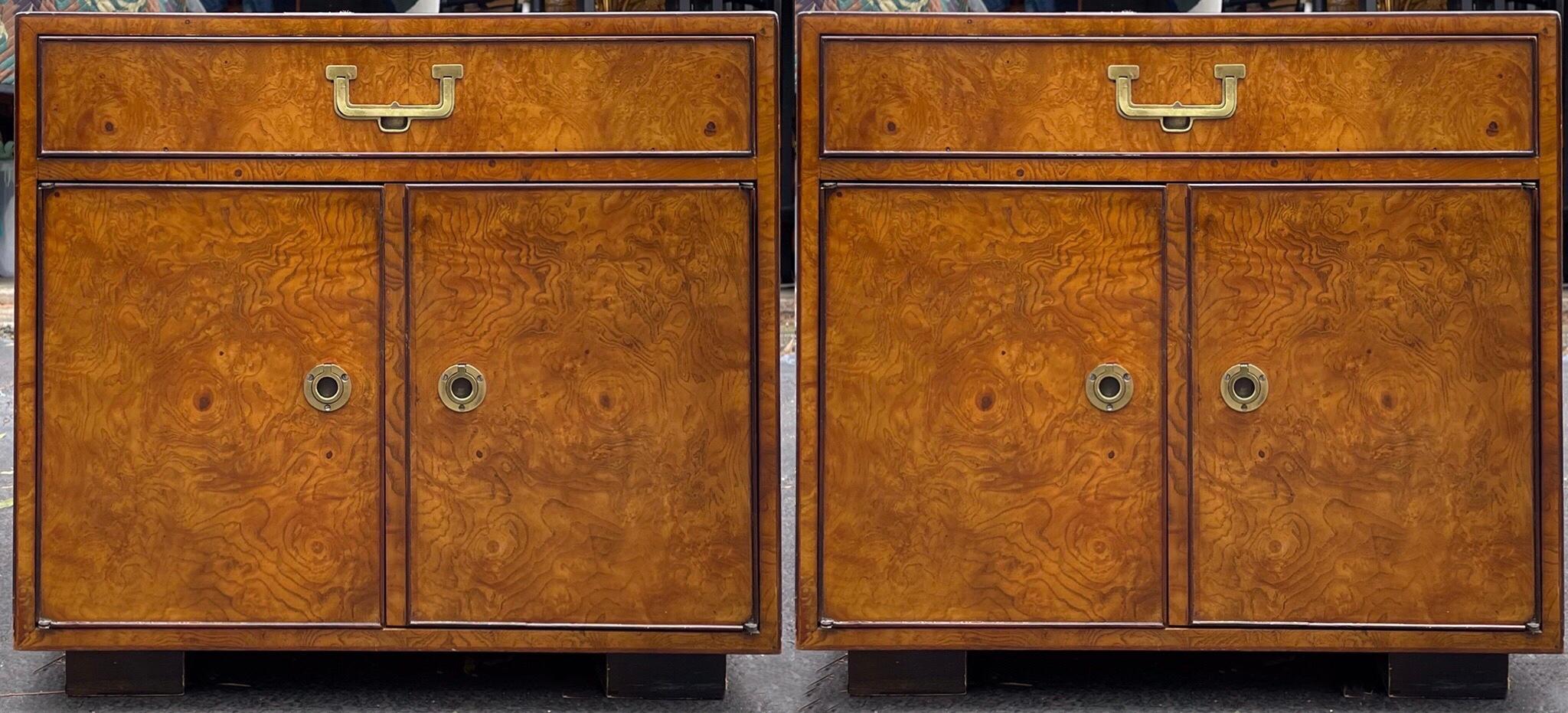 This is a good looking pair of 1970s burl wood modern campaign style cabinets by John Widdicomb. They are in very good condition, and I do have the long chest and tall gentleman’s armoire if interested.