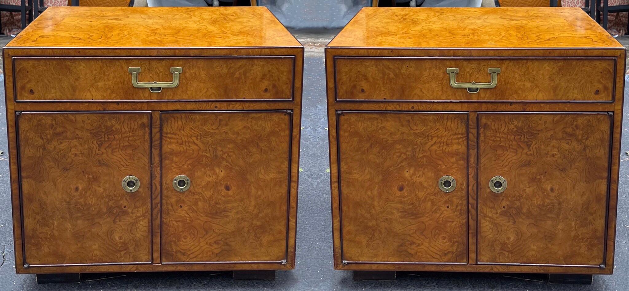 American 1970s John Widdicomb Burl Wood Modern Campaign Style Side Tables, Pair