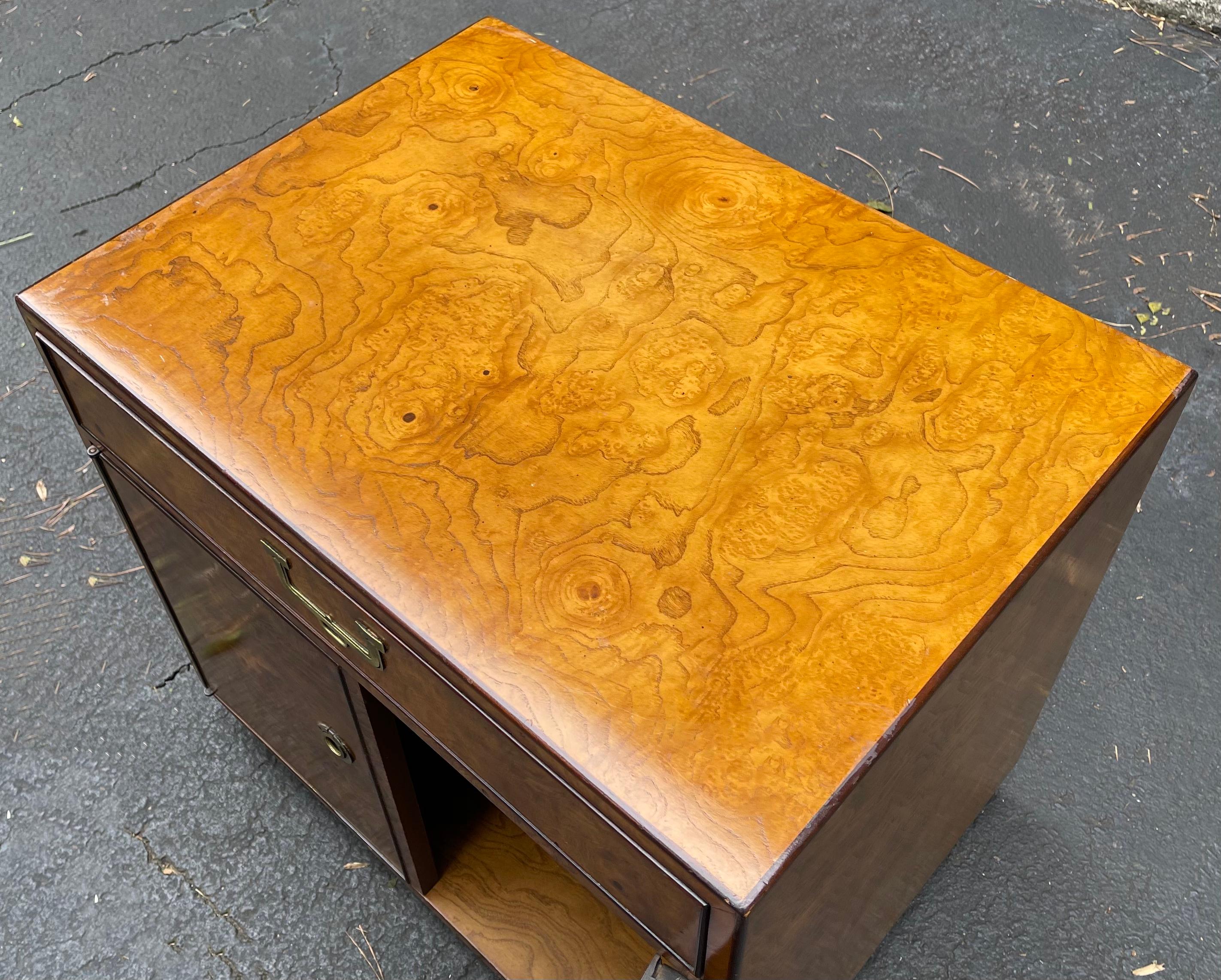 1970s John Widdicomb Burl Wood Modern Campaign Style Side Tables, Pair 1