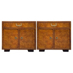 1970s John Widdicomb Burl Wood Modern Campaign Style Side Tables, Pair