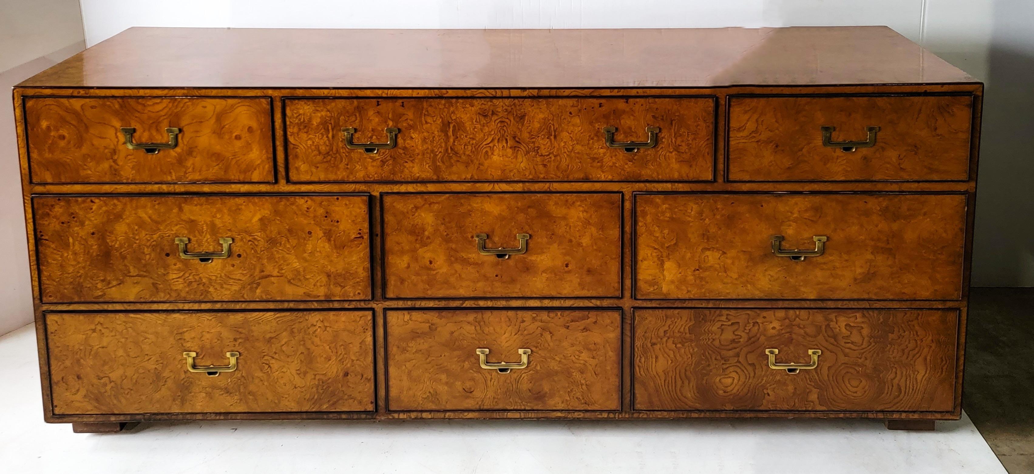 American 1970s John Widdicomb Burlwood Modern Campaign Style Credenza / Chest of Drawers