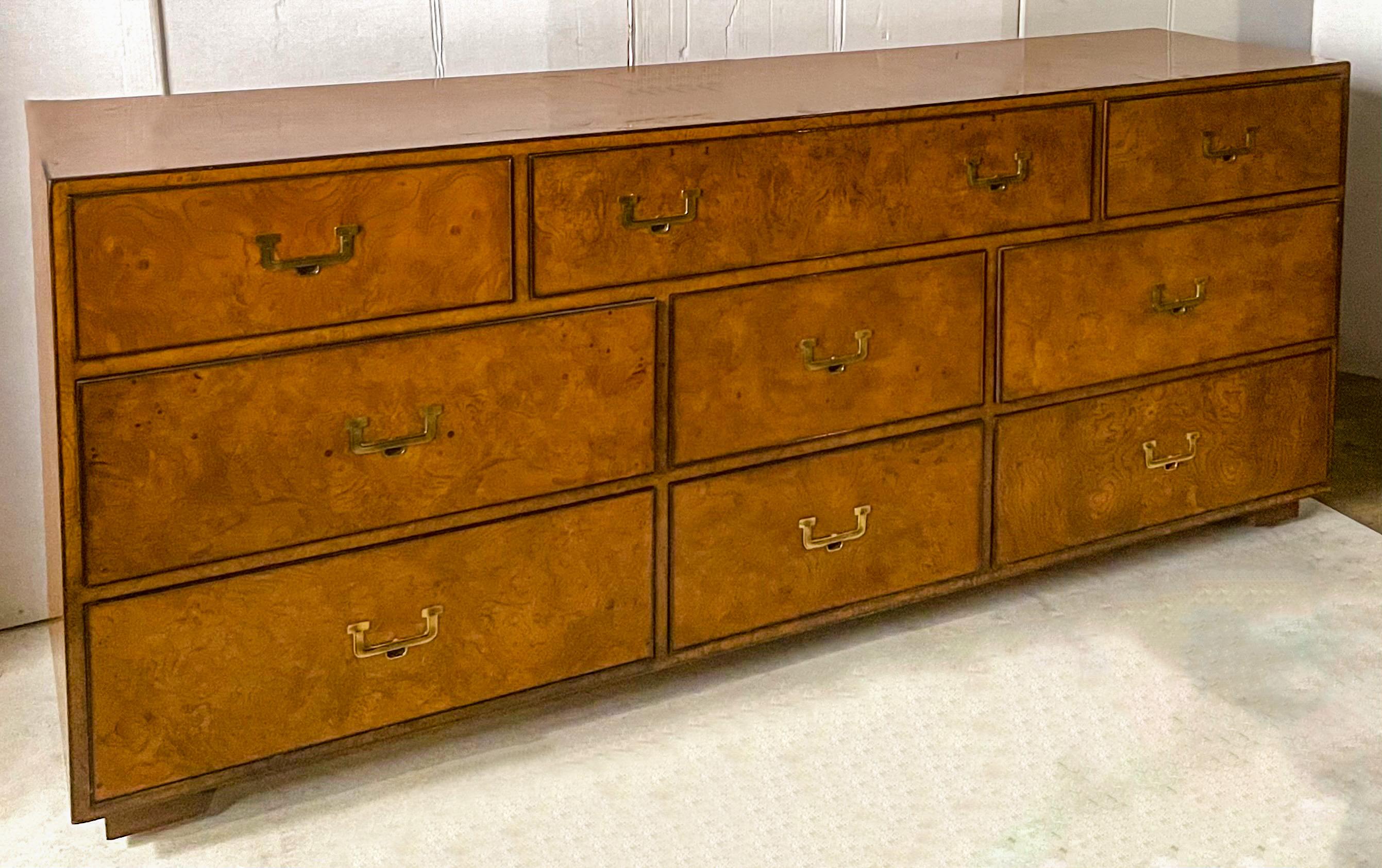 1970s John Widdicomb Burlwood Modern Campaign Style Credenza / Chest of Drawers In Good Condition In Kennesaw, GA