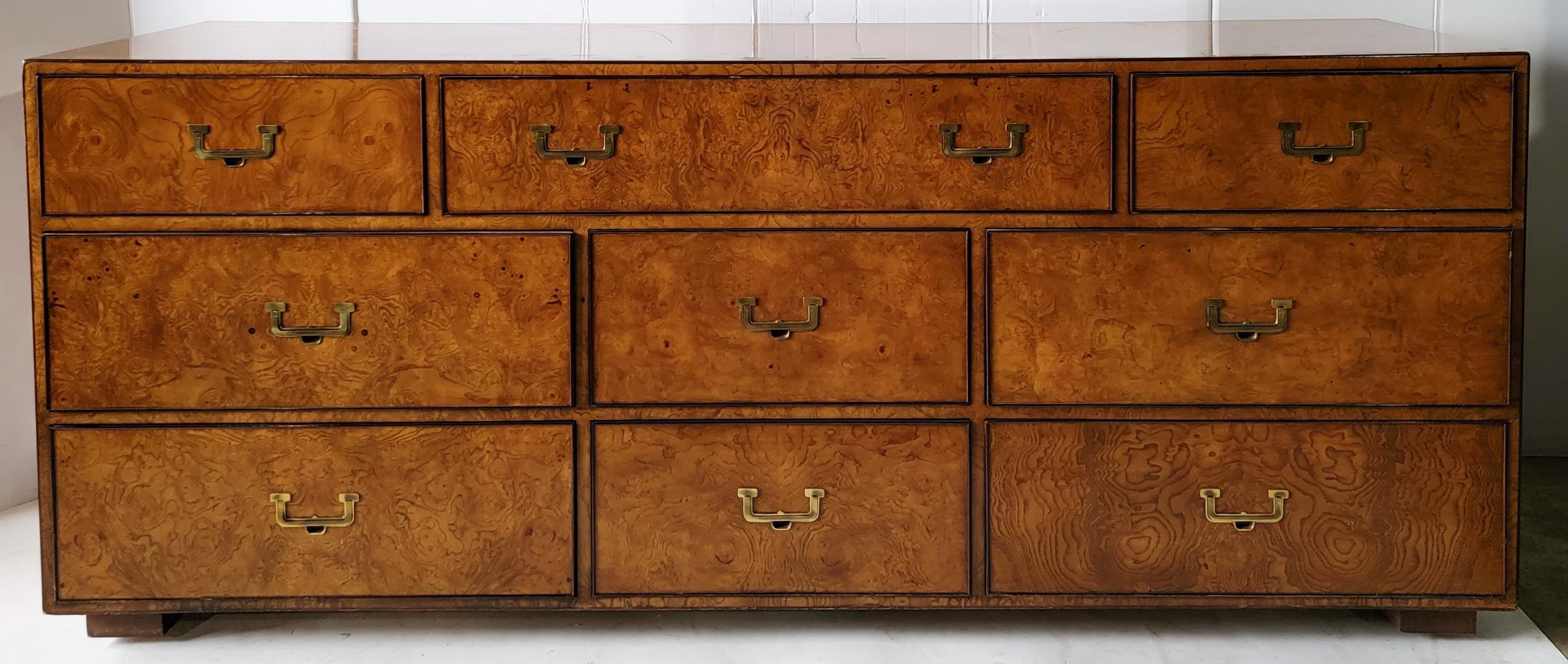 Late 20th Century 1970s John Widdicomb Burlwood Modern Campaign Style Credenza / Chest of Drawers