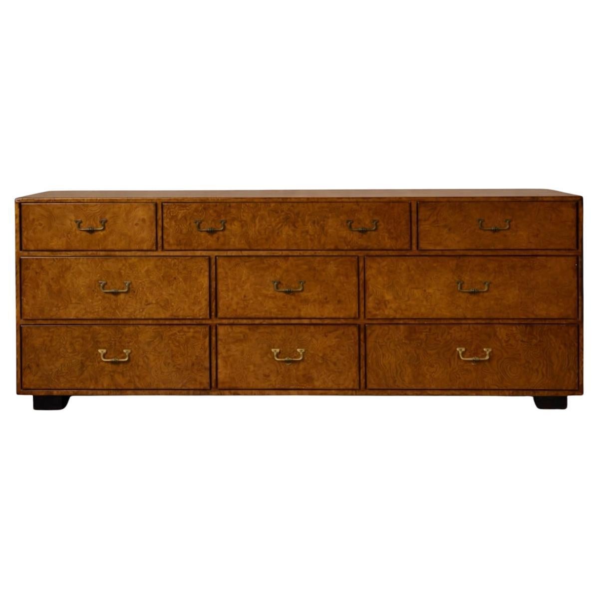 1970s John Widdicomb Burlwood Modern Campaign Style Credenza / Chest of Drawers For Sale