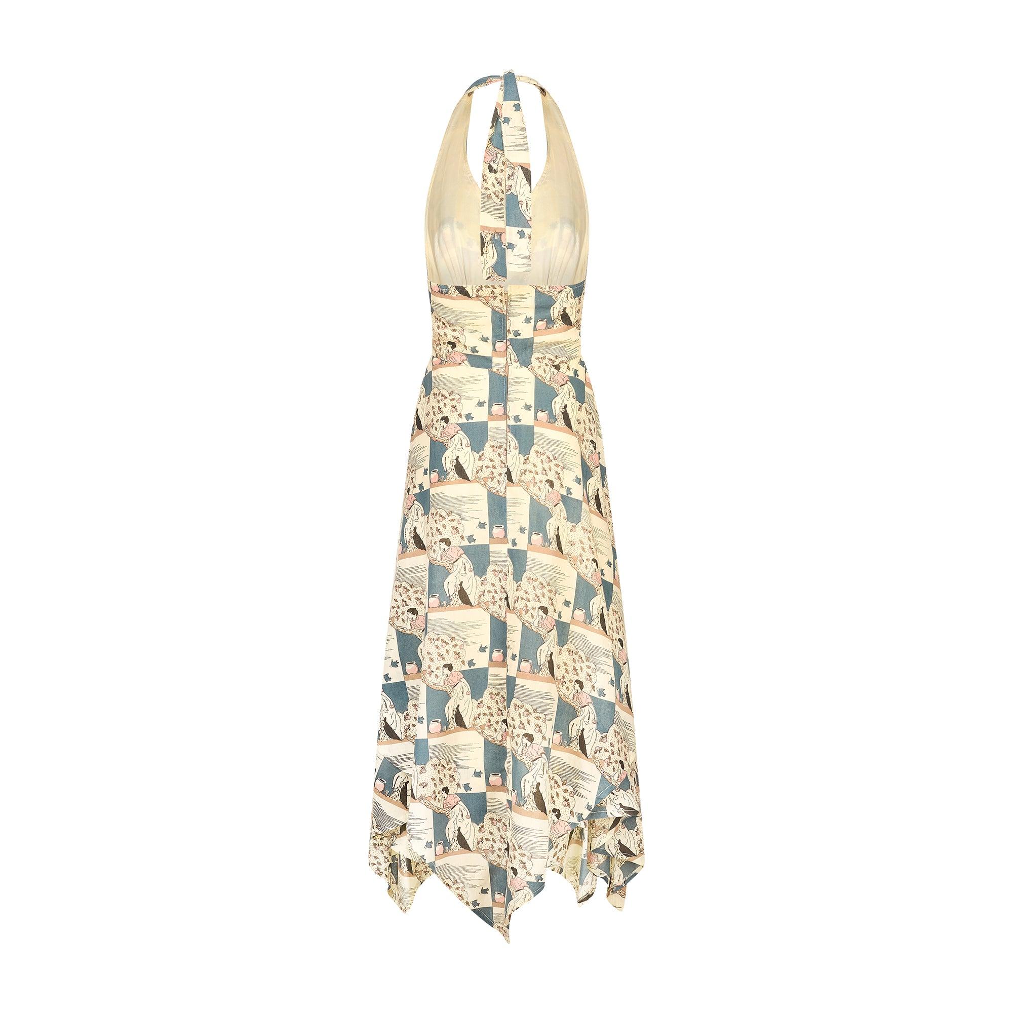 Beige 1970s Jon Adam Cotton Novelty Print Halter Neck Dress For Sale