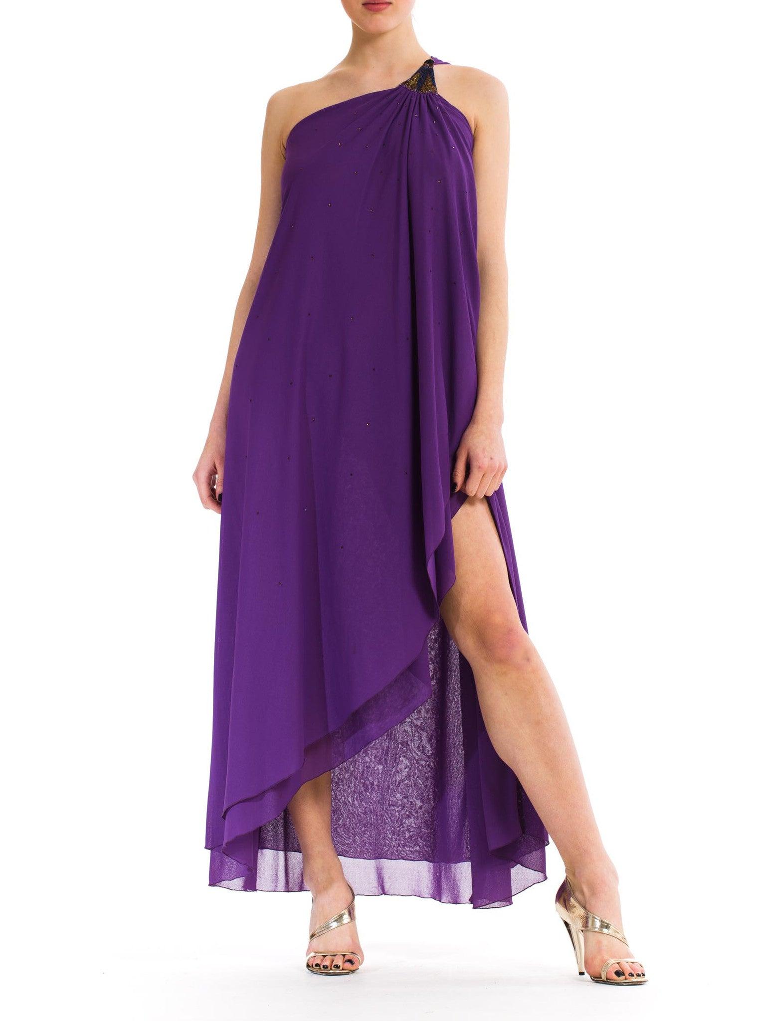 1970S JONATHAN HITCHCOCK Purple Rayon & Nylon Chiffon Jersey One Shoulder Disco Wrap Dress With Crystals