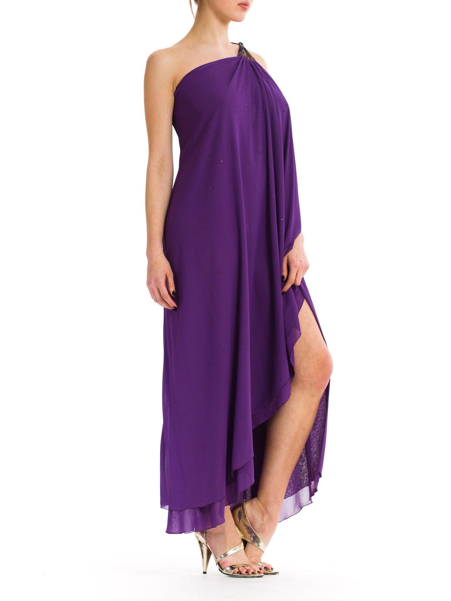 1970S JONATHAN HITCHCOCK Purple Rayon & Nylon Chiffon Jersey One Shoulder Disco In Excellent Condition For Sale In New York, NY
