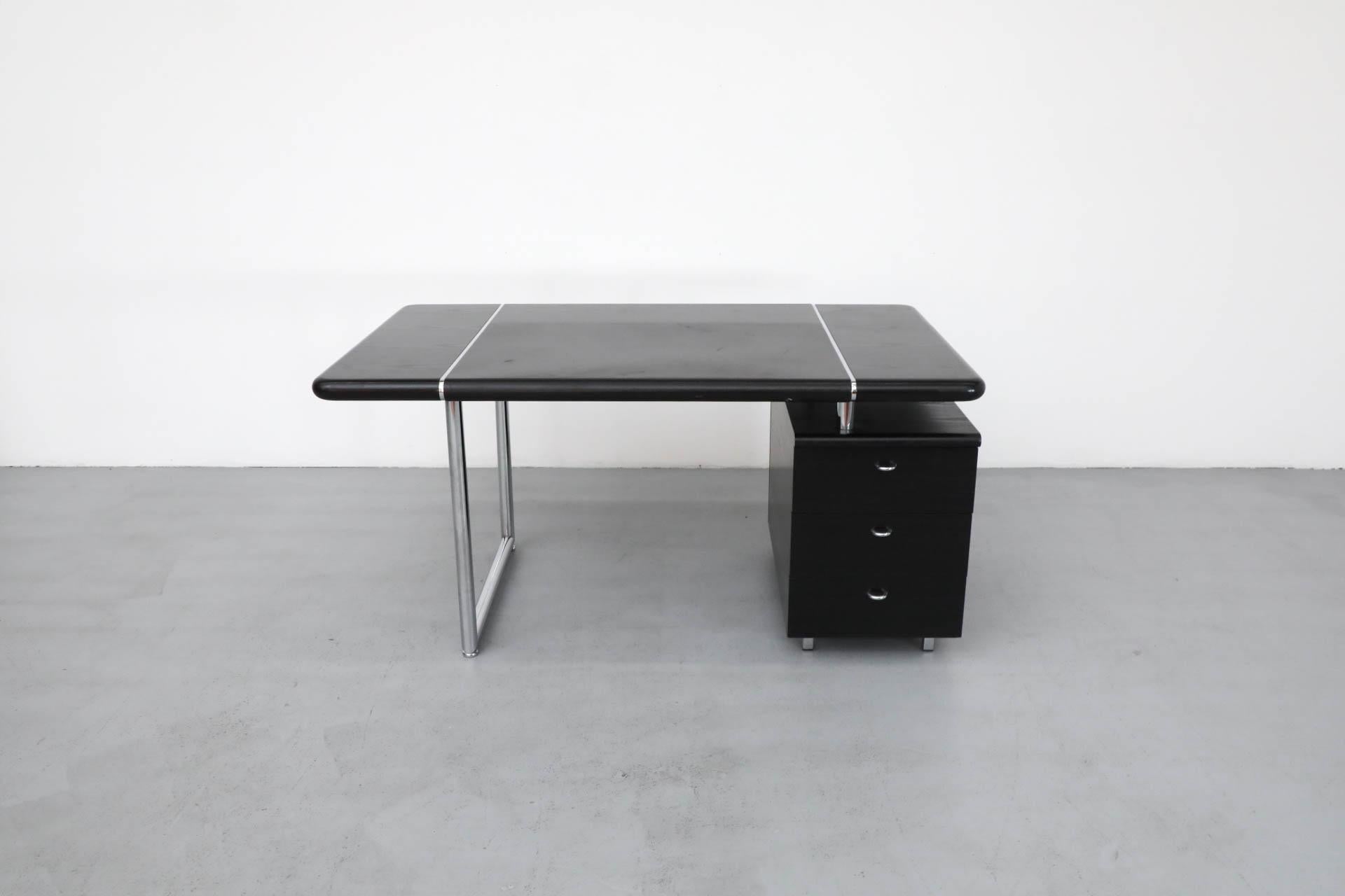 Lacquered 1970's Josef & Leopold Quittner Inspired Bauhaus Style Desk in Black & Chrome
