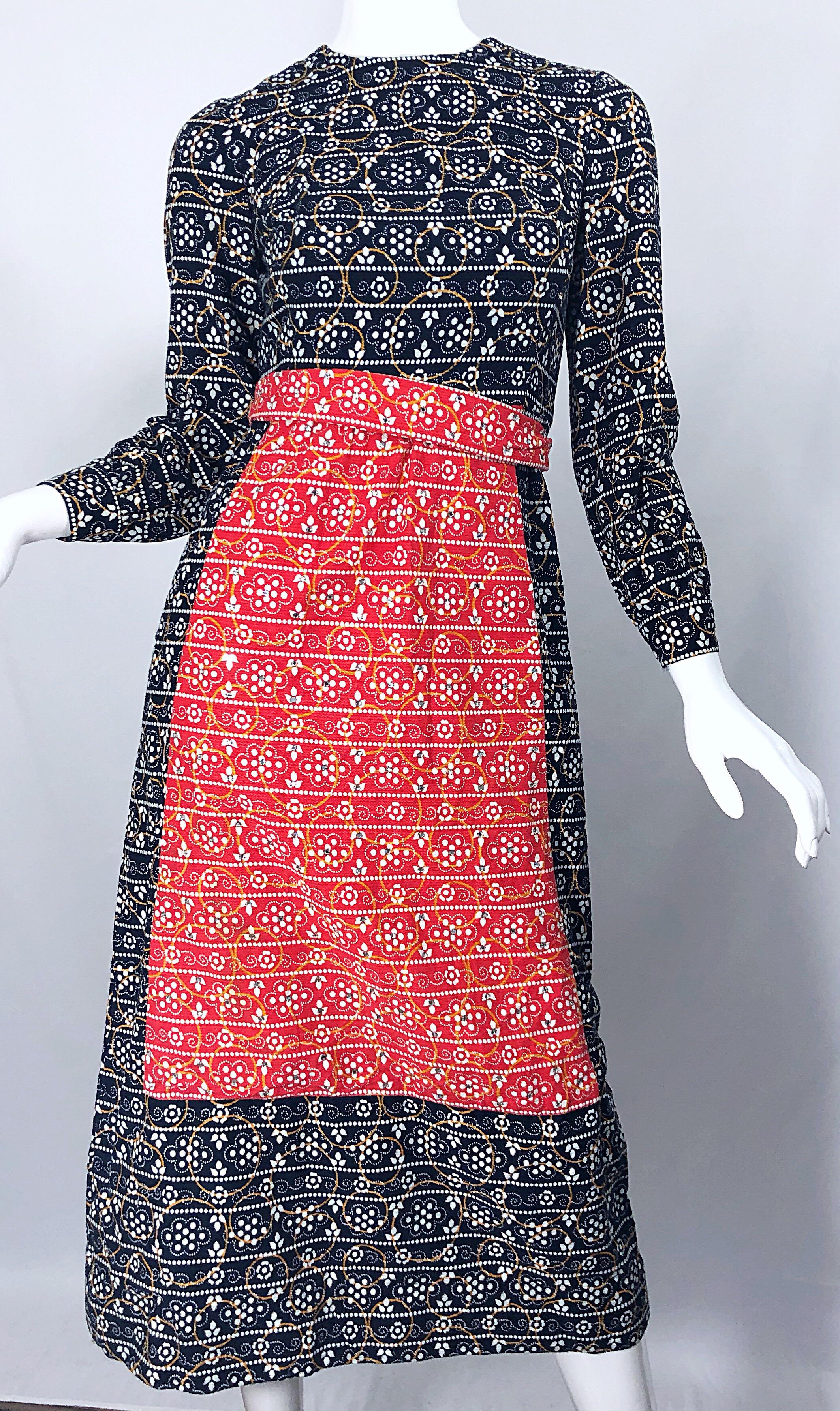 1970s Joseph Brennan Trompe L'Oeil Rojo, Blanco y Azul Rhinestone 70s Vestido Midi en venta 5