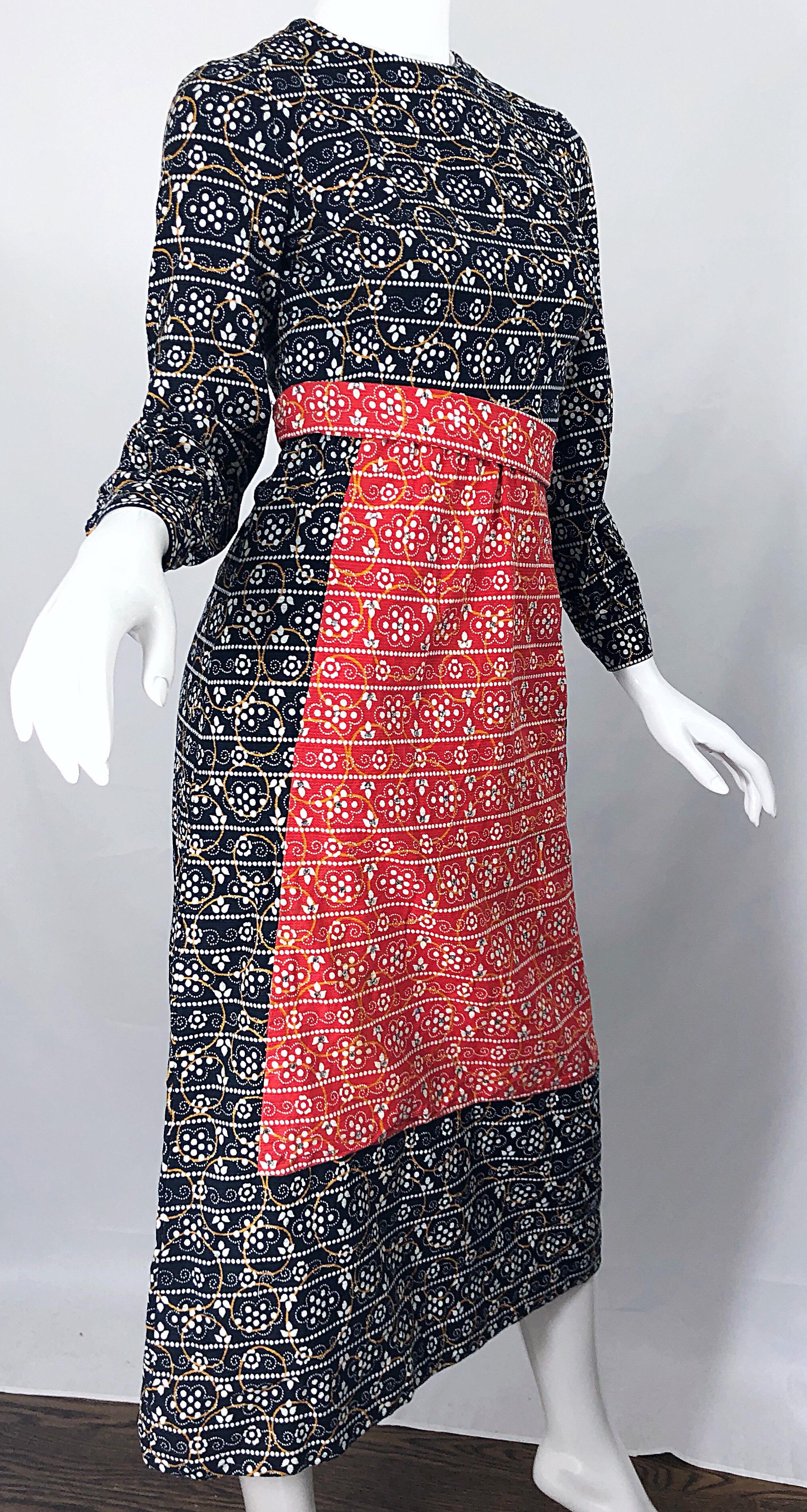 1970s Joseph Brennan Trompe L'Oeil Rojo, Blanco y Azul Rhinestone 70s Vestido Midi en venta 2