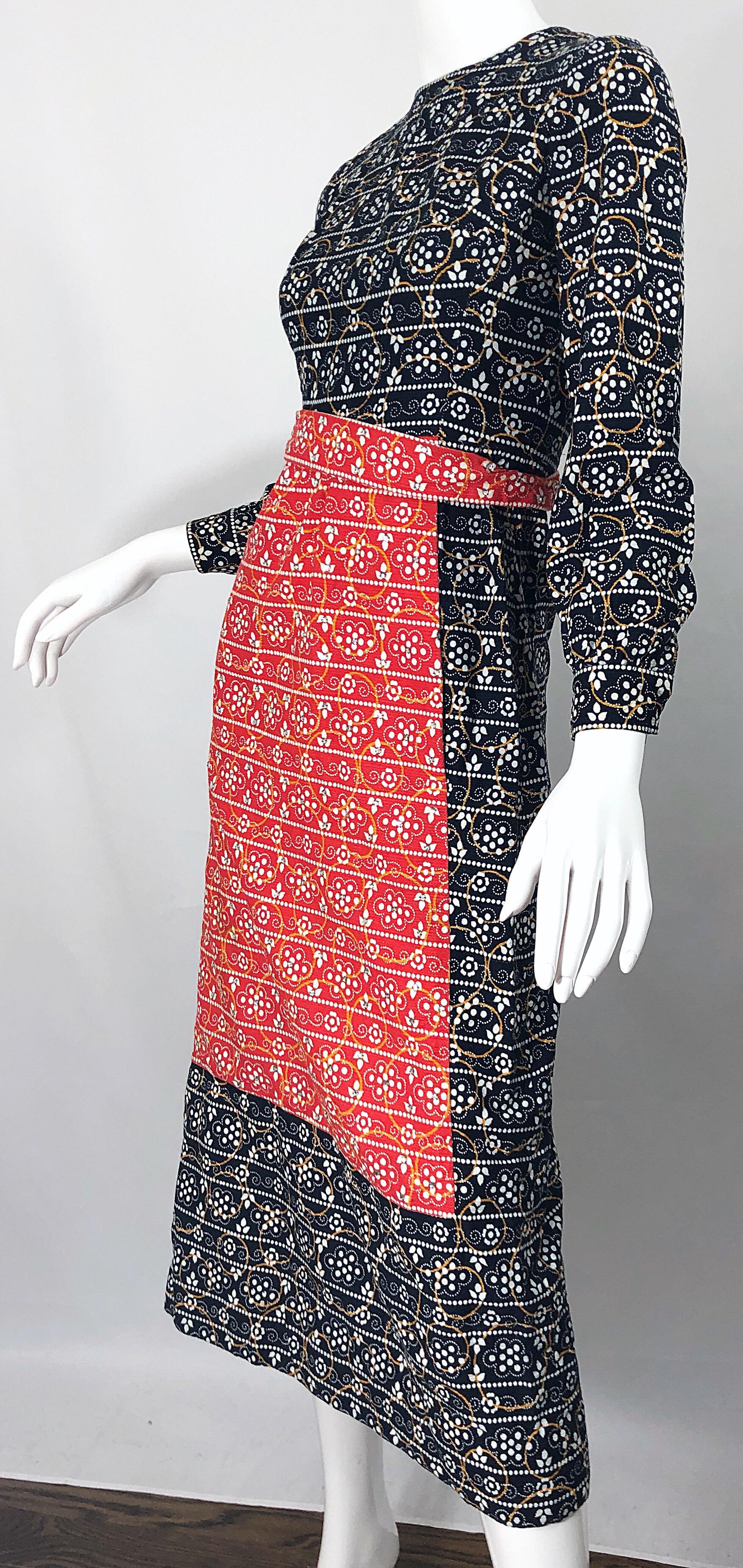 1970s Joseph Brennan Trompe L'Oeil Rojo, Blanco y Azul Rhinestone 70s Vestido Midi en venta 4
