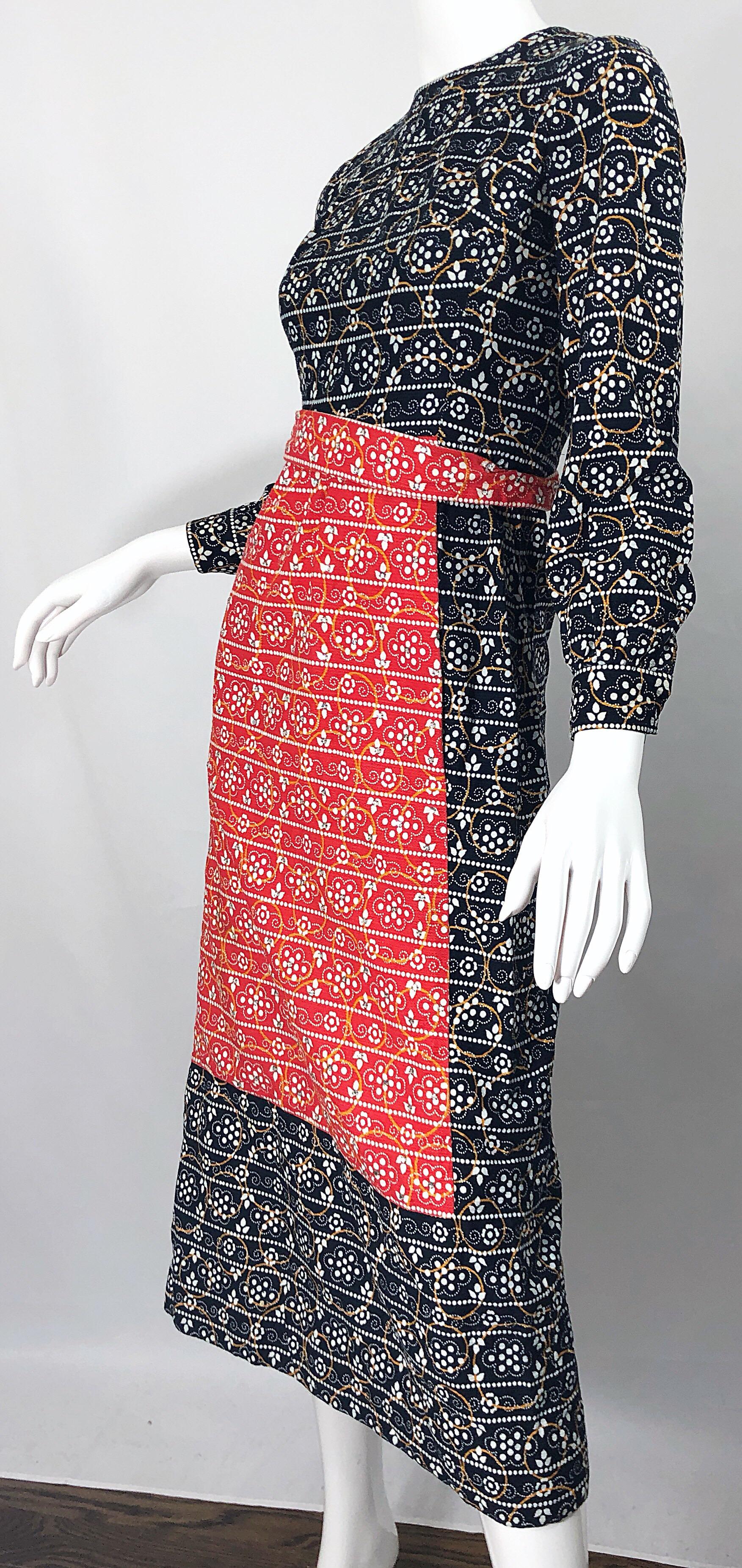 1970s Joseph Brennan Trompe L'Oeil Red, White and BLue Rhinestone 70s Midi Dress For Sale 2