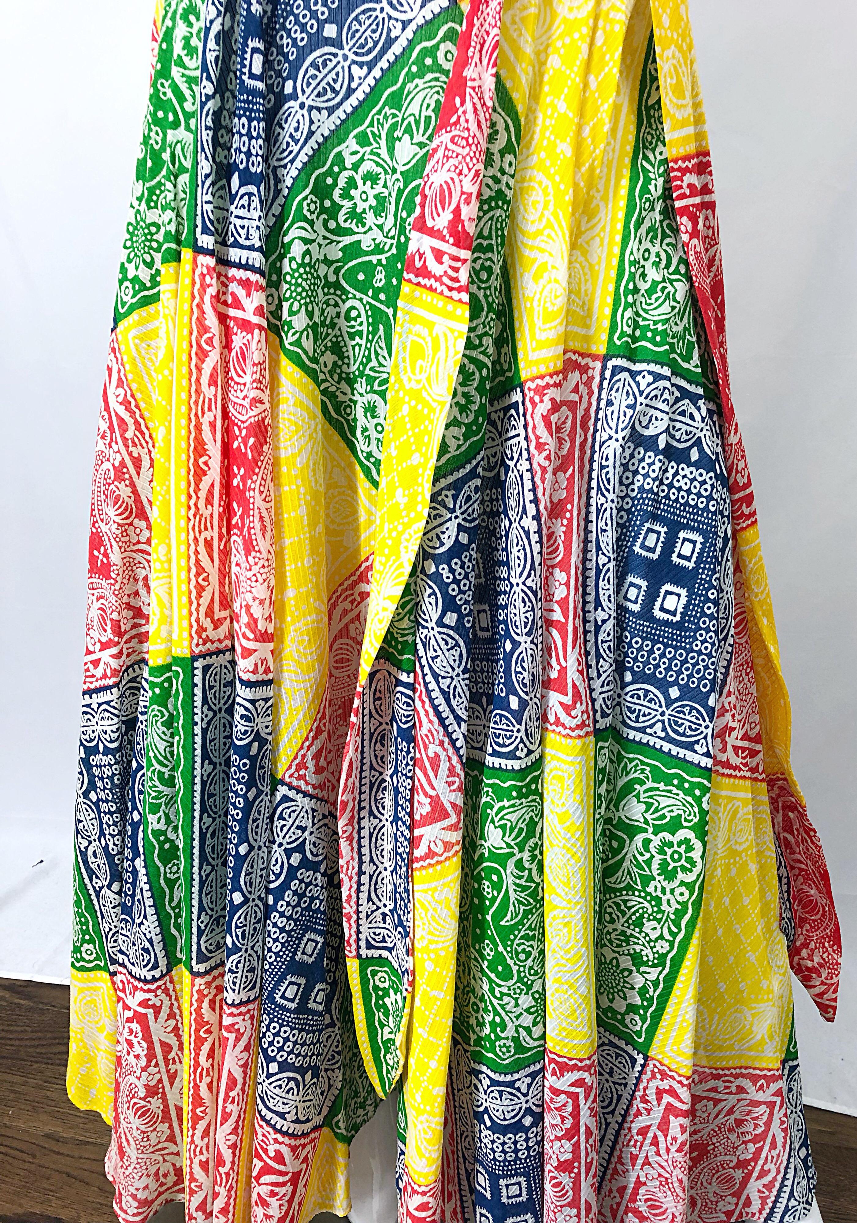 Beige 1970s Joseph Magnin Bandana Multi Color Print Boho Vintage 70s Cotton Maxi Skirt