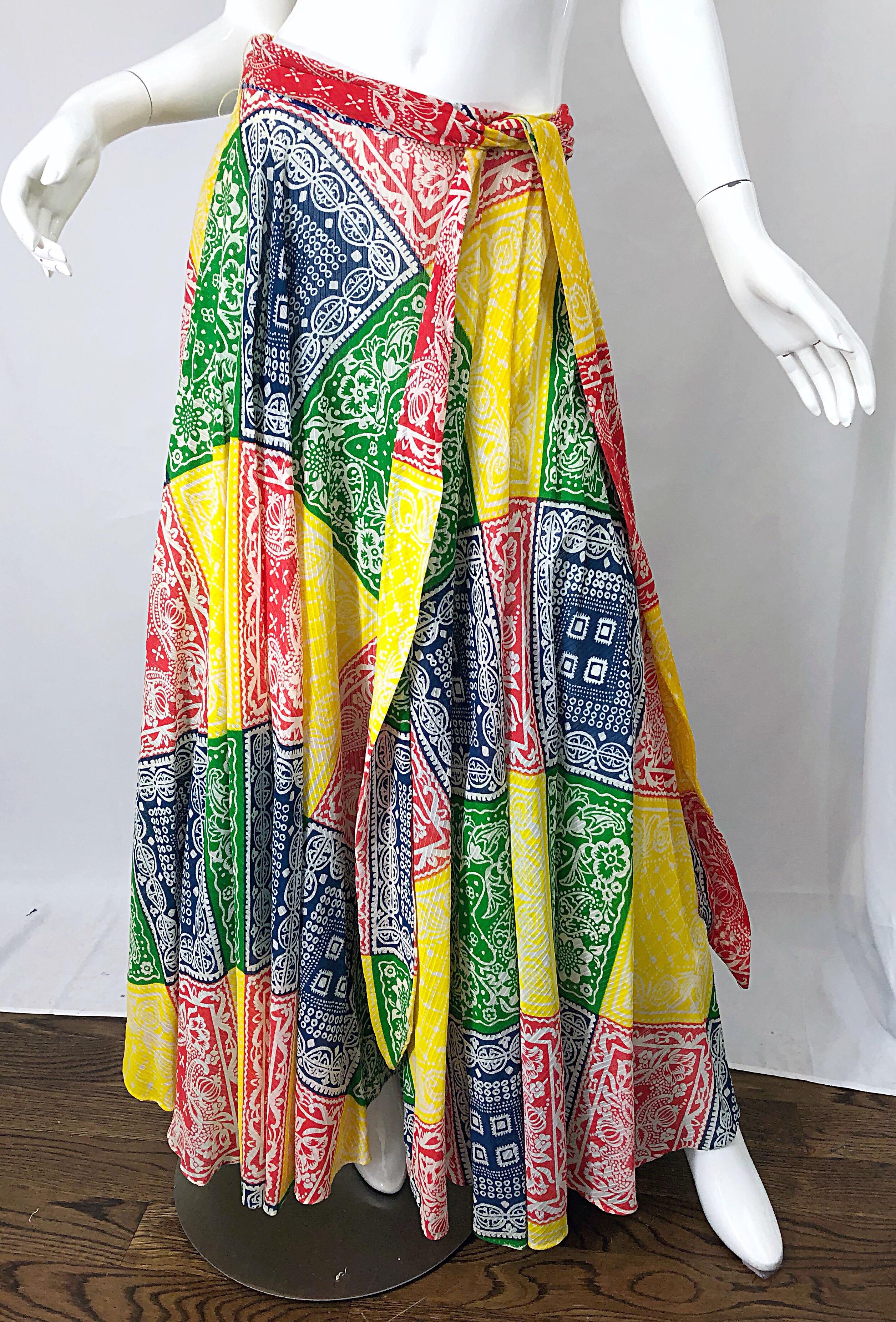 Women's 1970s Joseph Magnin Bandana Multi Color Print Boho Vintage 70s Cotton Maxi Skirt