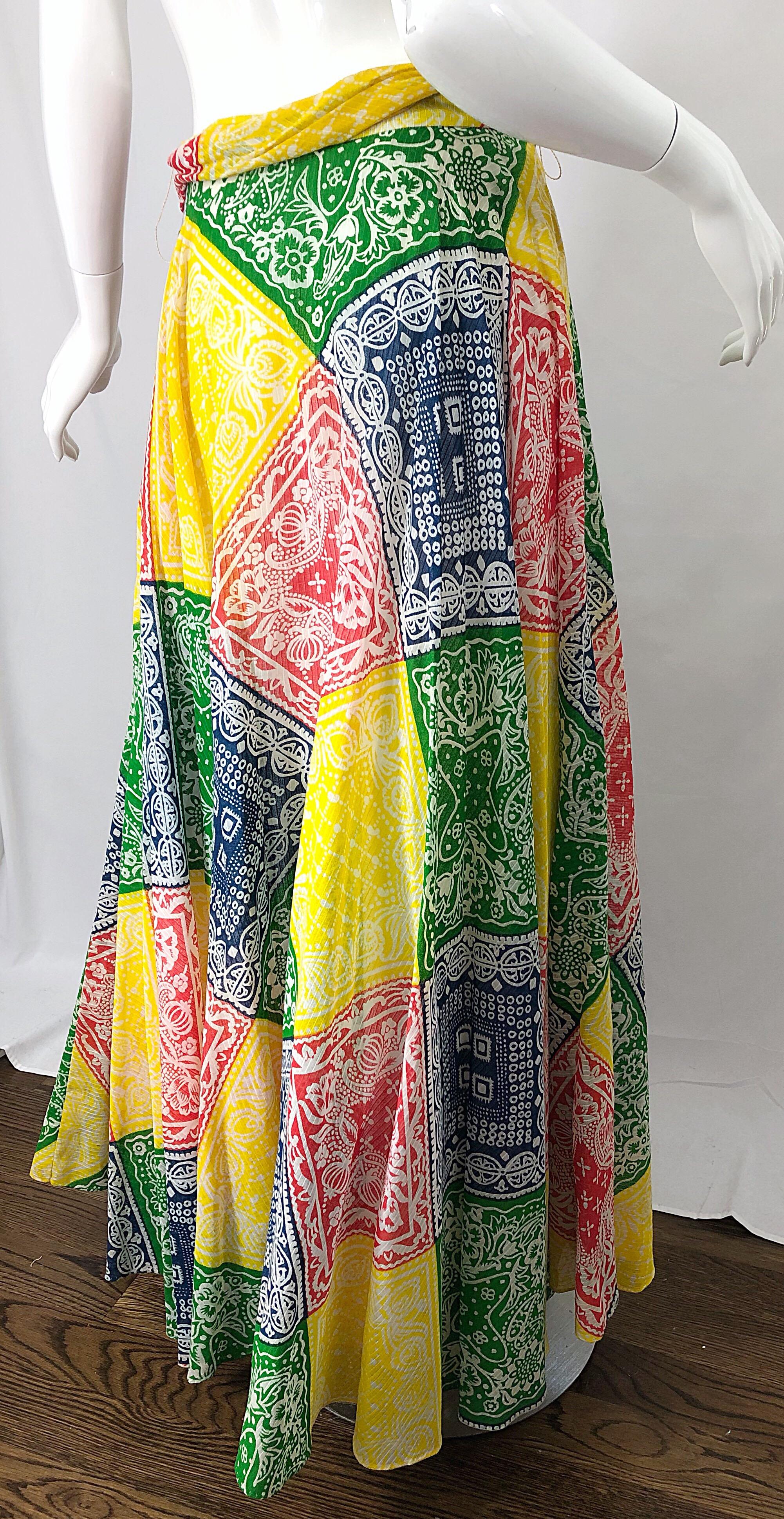 1970s Joseph Magnin Bandana Multi Color Print Boho Vintage 70s Cotton Maxi Skirt 1