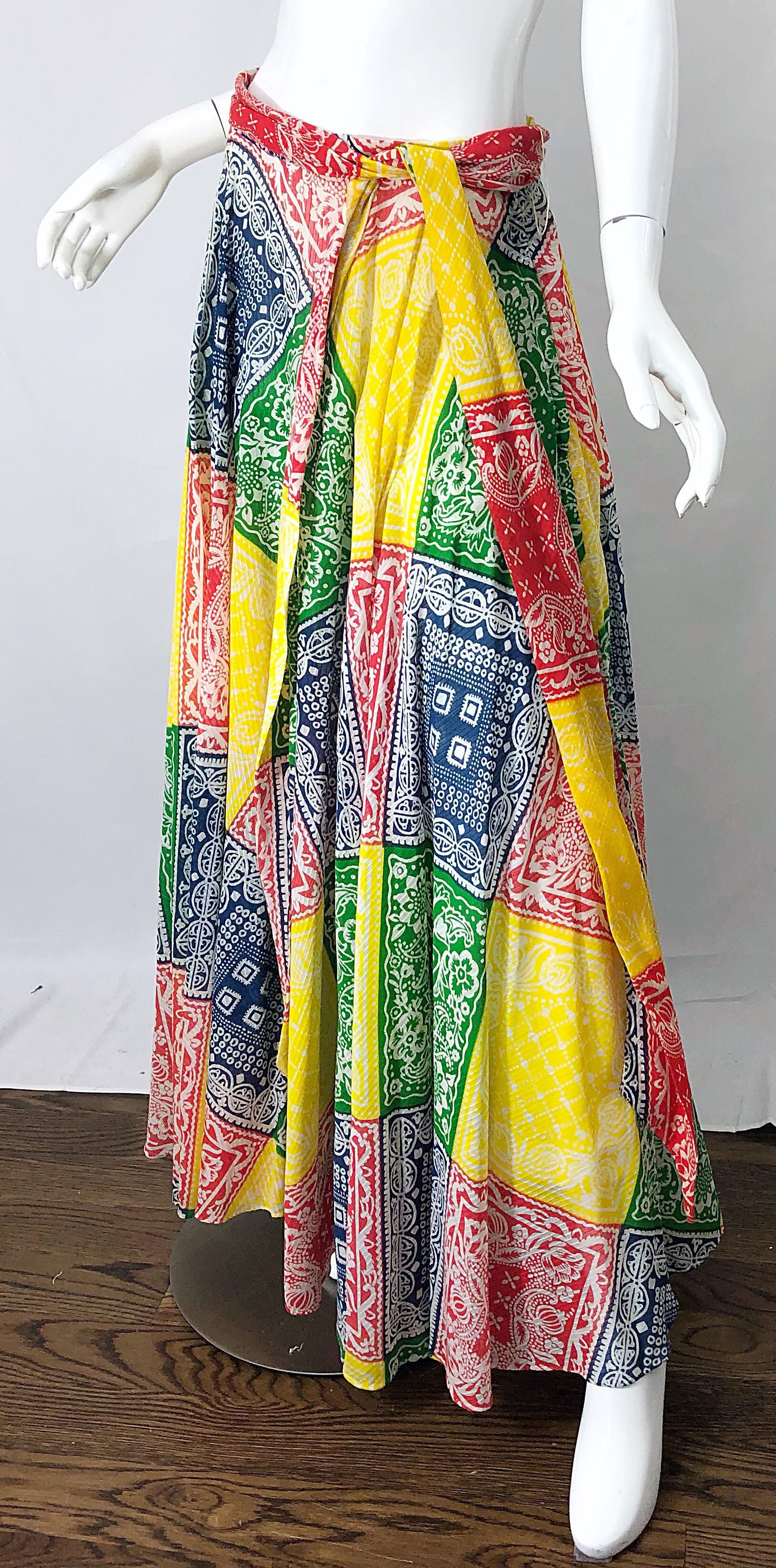 1970s Joseph Magnin Bandana Multi Color Print Boho Vintage 70s Cotton Maxi Skirt 2