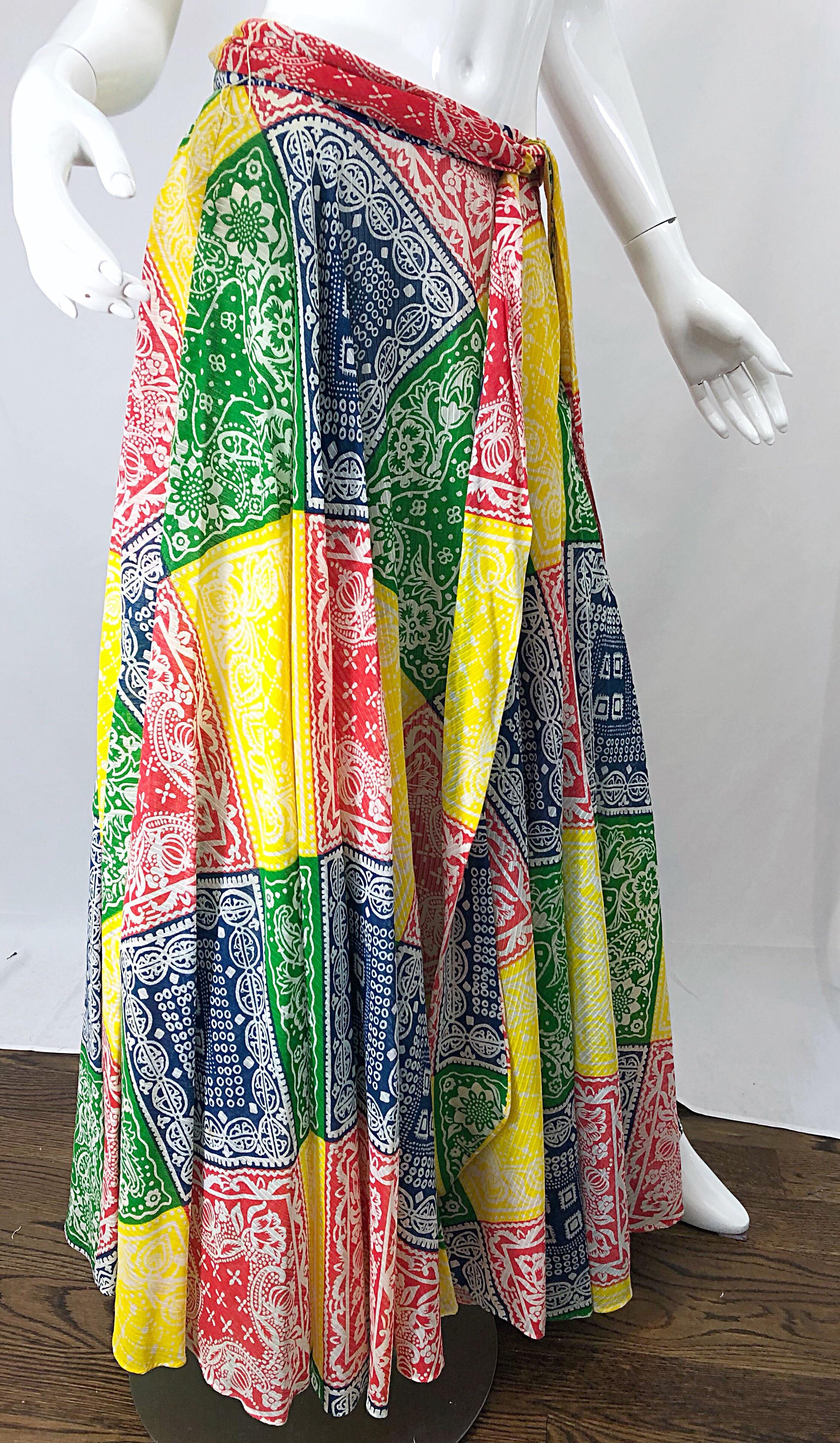 1970s Joseph Magnin Bandana Multi Color Print Boho Vintage 70s Cotton Maxi Skirt 3