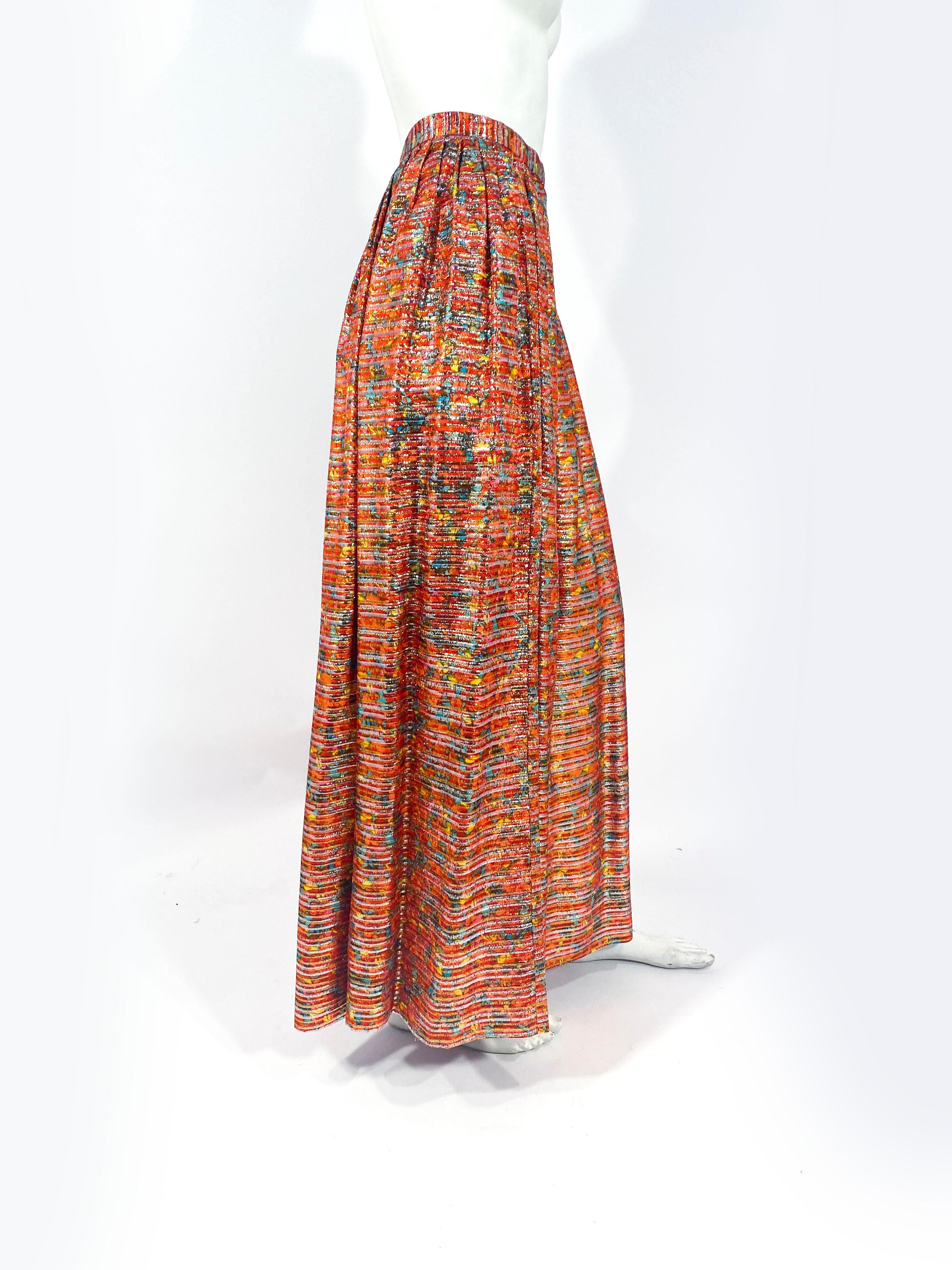 Orange 1970s Joseph Magnin Floral Printed and Lurex Evening Skirt For Sale