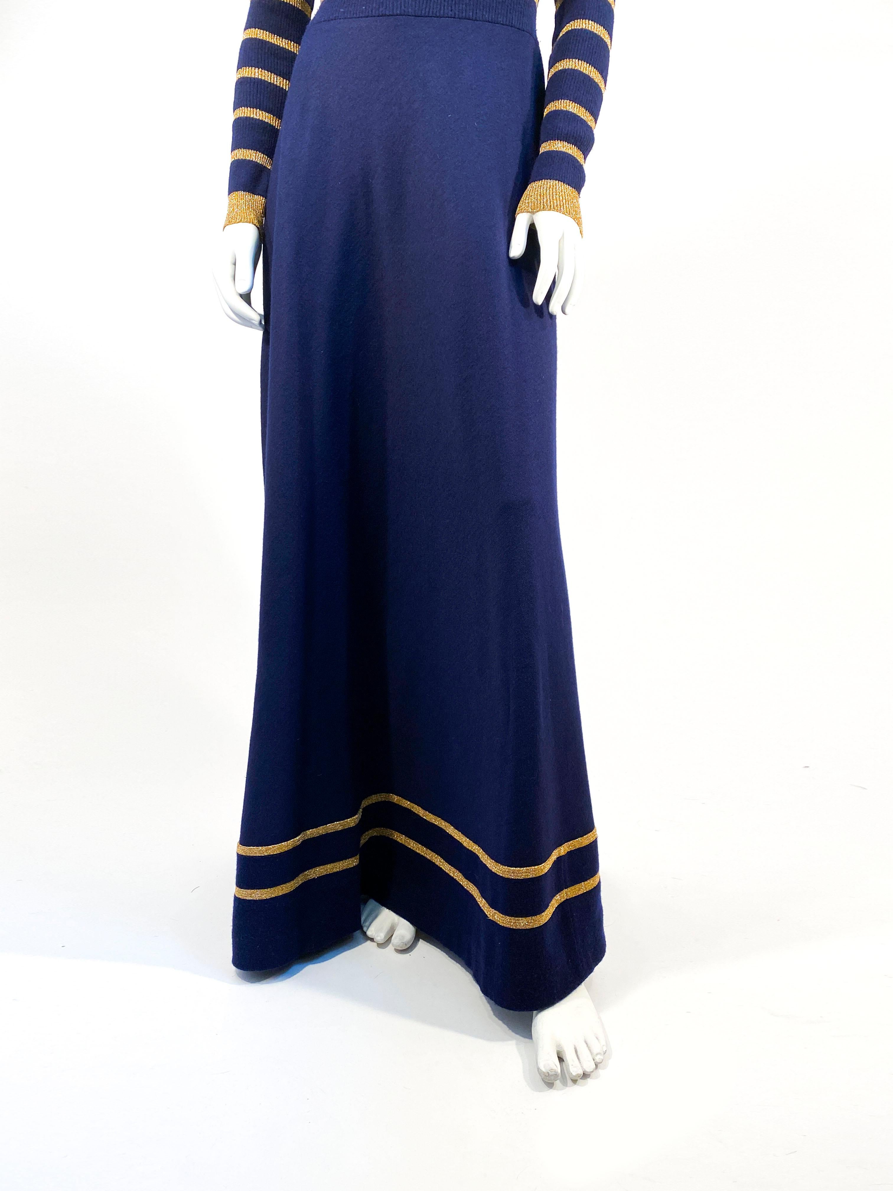 Black 1970s Joseph Magnin Navy and Metallic Knit Dress