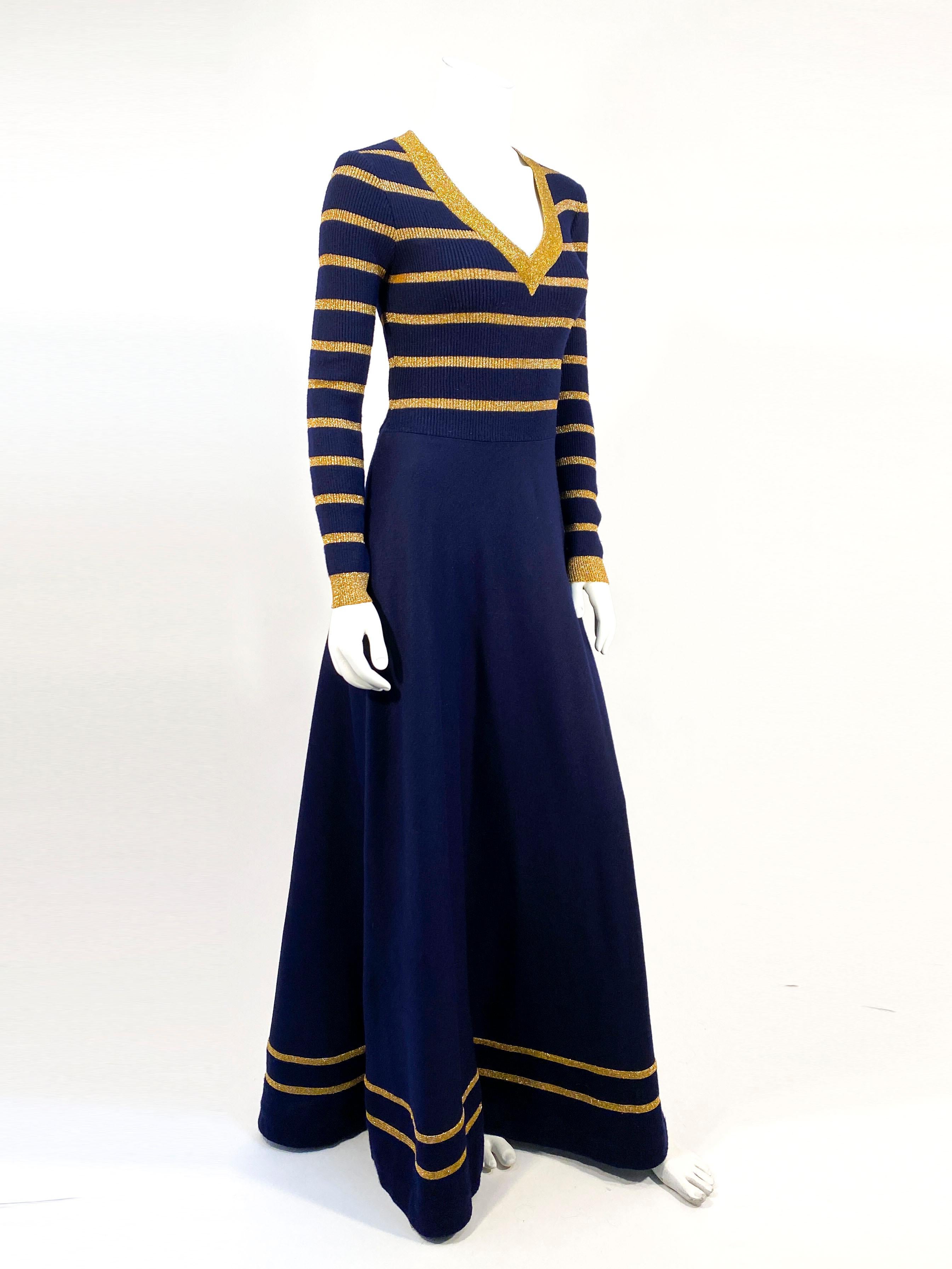 1970s Joseph Magnin Navy and Metallic Knit Dress In Good Condition In San Francisco, CA