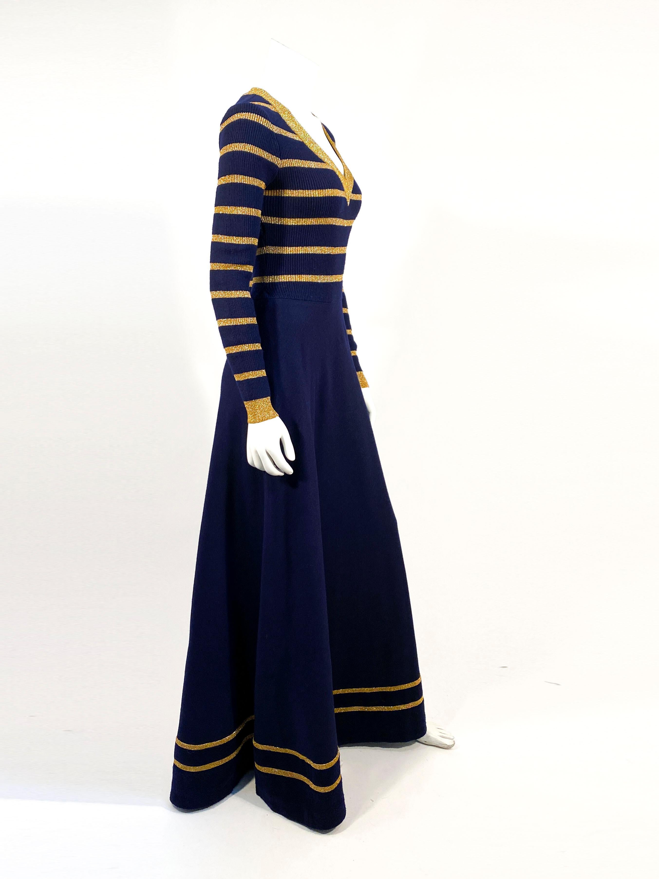 Women's 1970s Joseph Magnin Navy and Metallic Knit Dress
