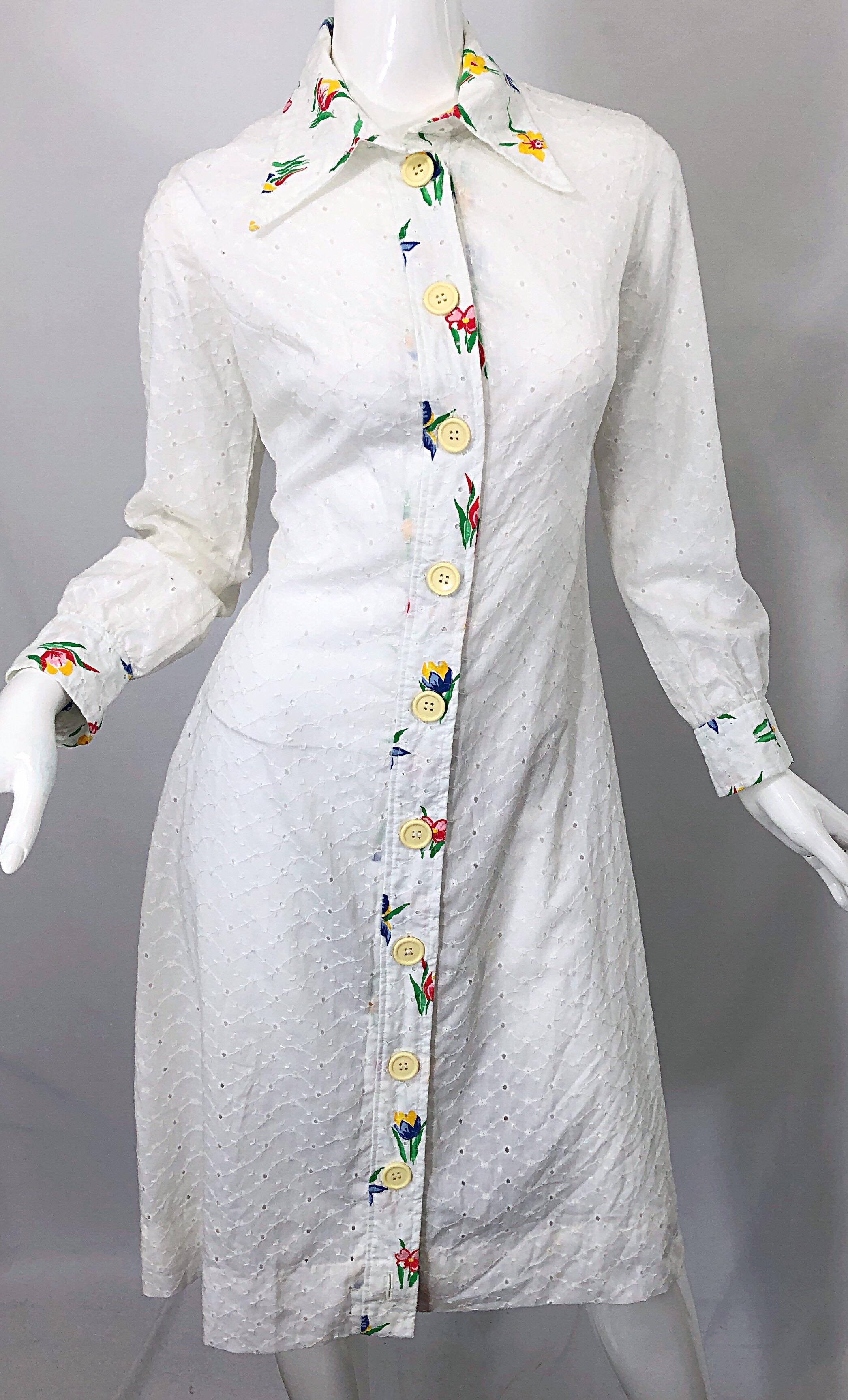 1970s Joseph Magnin White Eyelet Cotton Embrodiered Vintage 70s Shirt Dress For Sale 5