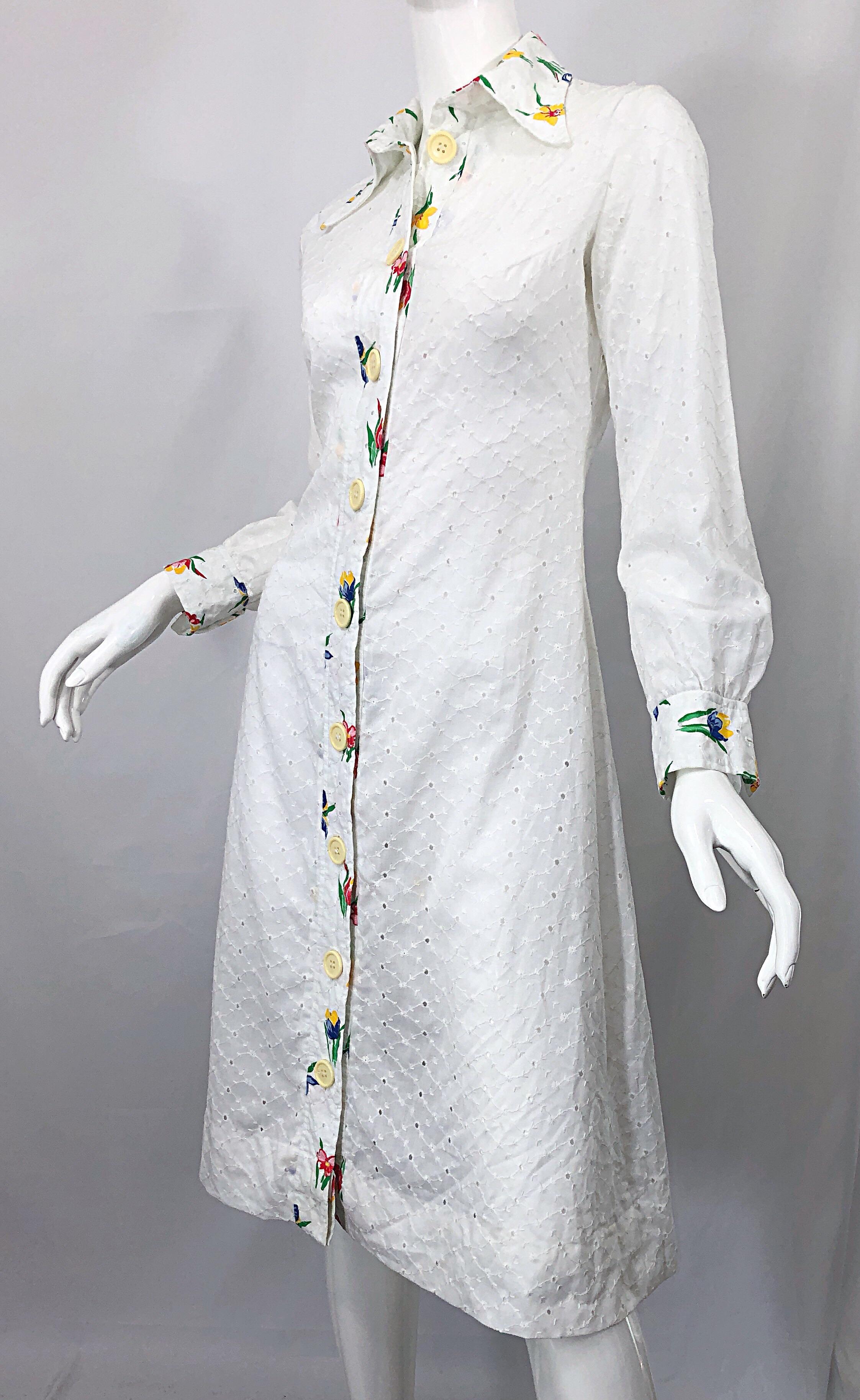 1970s Joseph Magnin White Eyelet Cotton Embrodiered Vintage 70s Shirt Dress For Sale 6