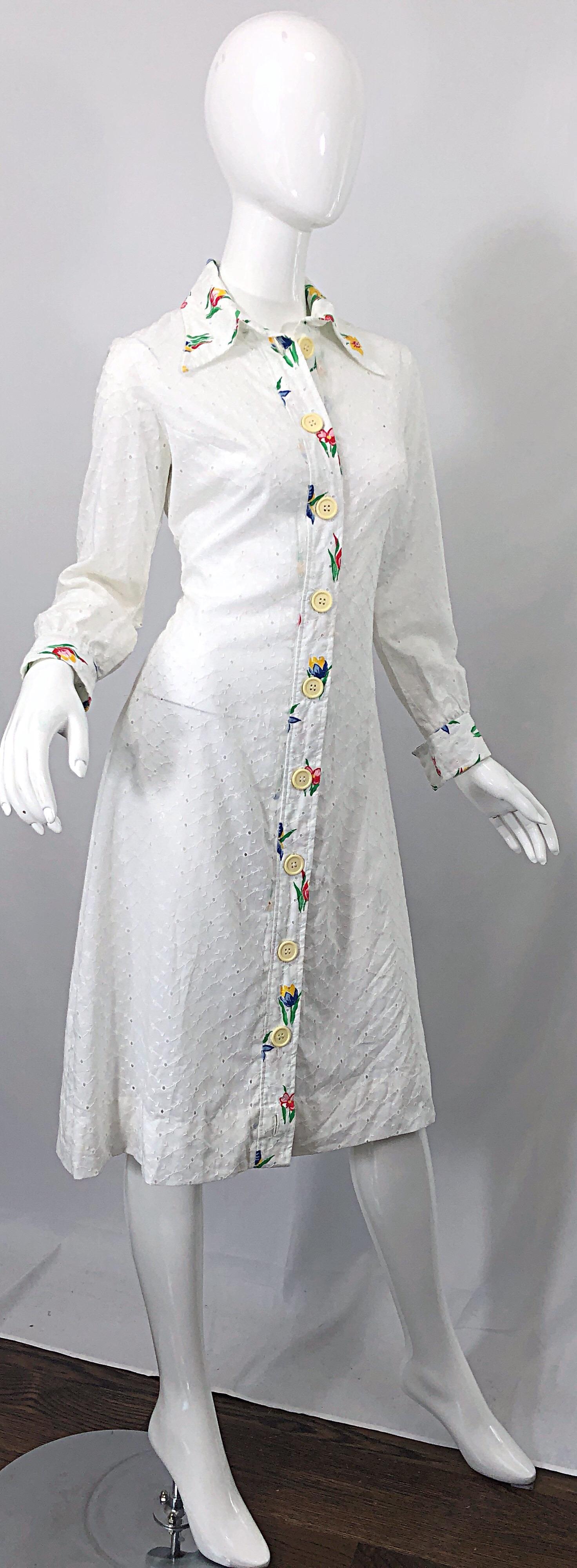 1970s Joseph Magnin White Eyelet Cotton Embrodiered Vintage 70s Shirt Dress For Sale 7