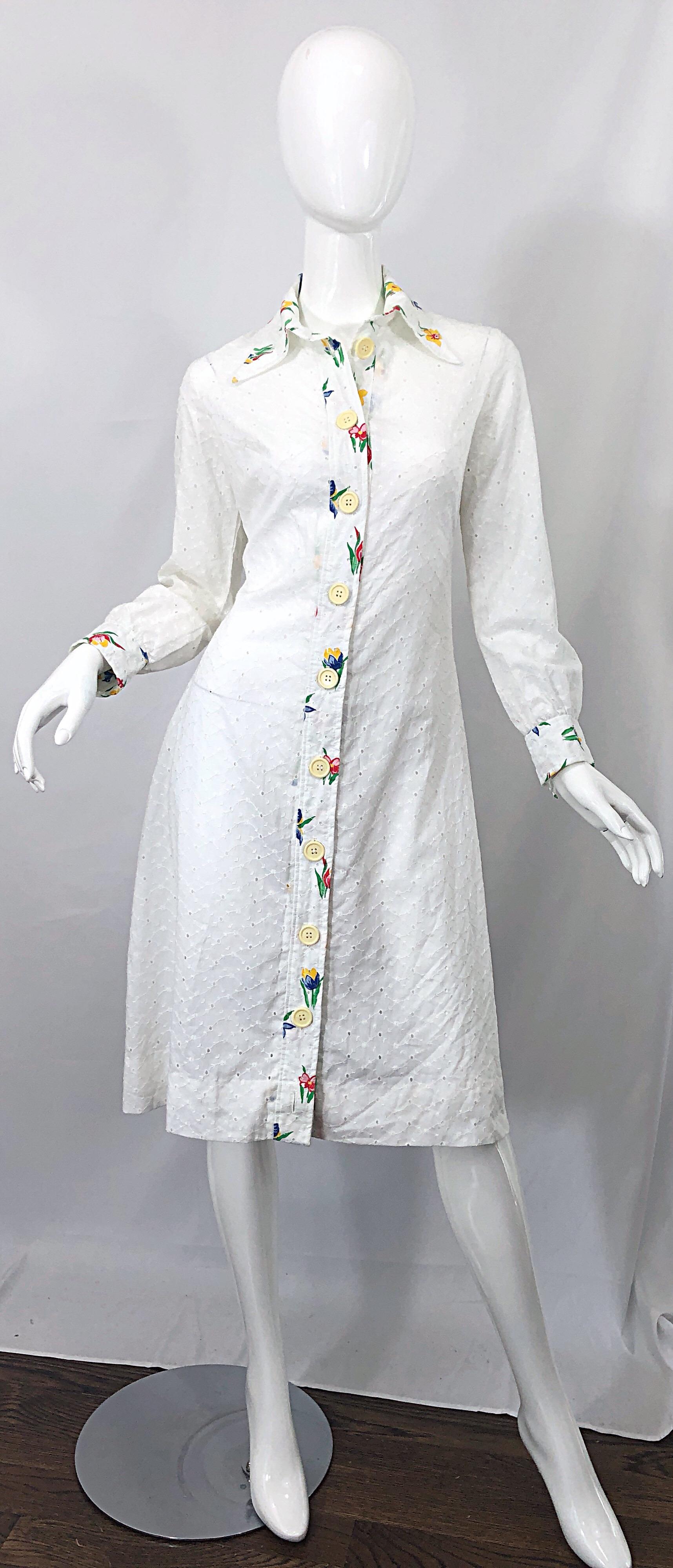 1970s Joseph Magnin White Eyelet Cotton Embrodiered Vintage 70s Shirt Dress For Sale 8