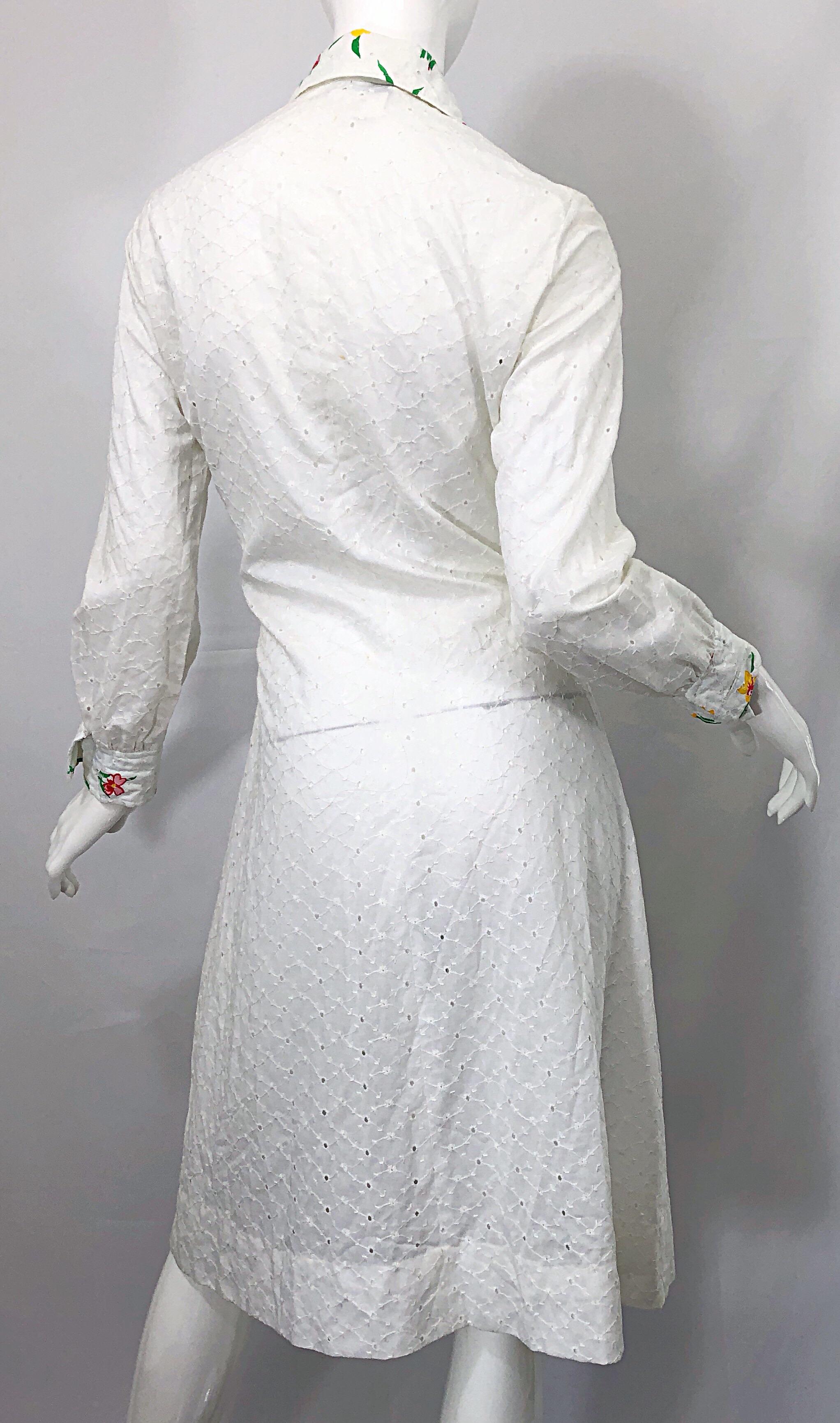 1970s Joseph Magnin White Eyelet Cotton Embrodiered Vintage 70s Shirt Dress For Sale 9