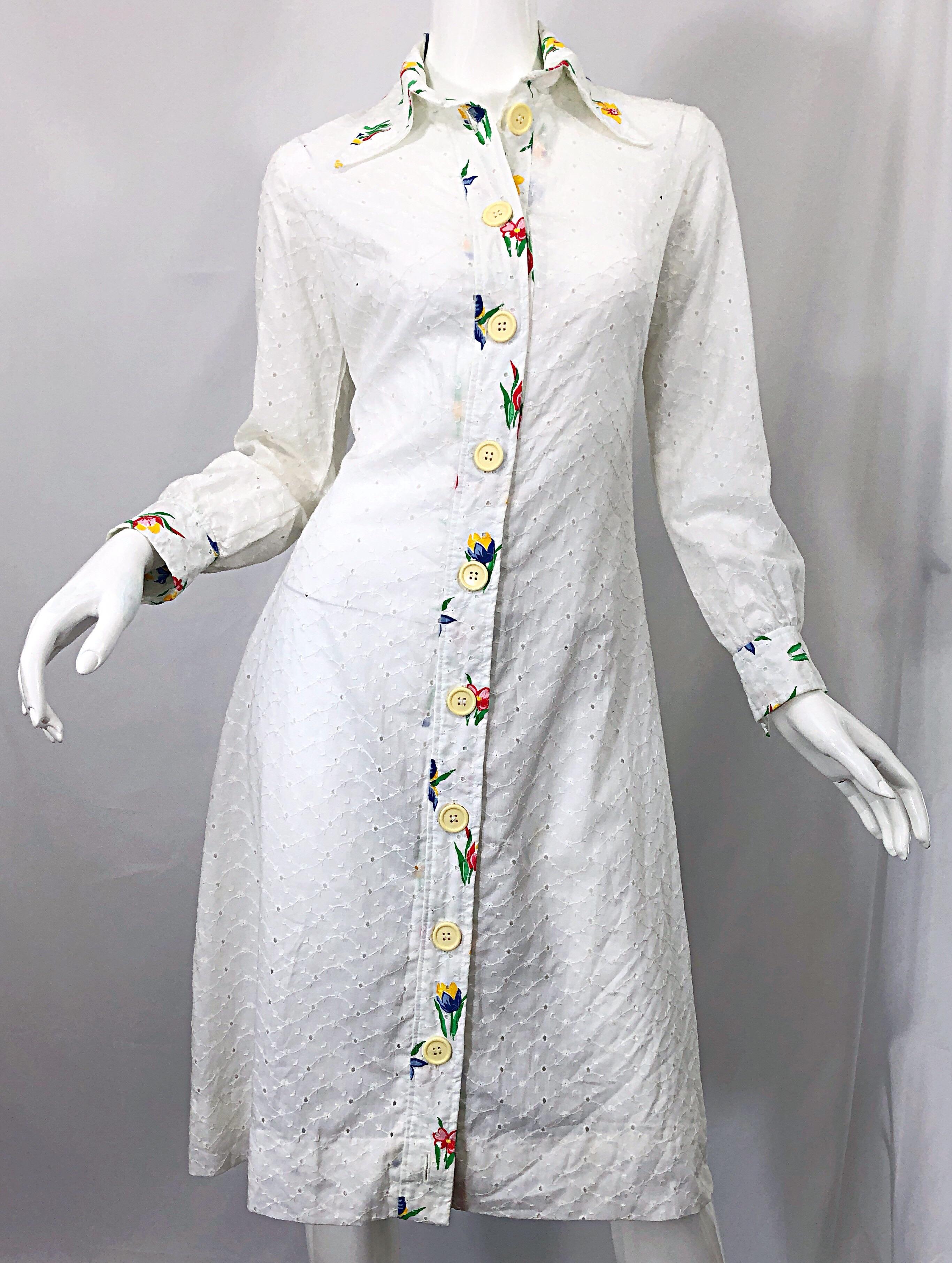 1970s Joseph Magnin White Eyelet Cotton Embrodiered Vintage 70s Shirt Dress For Sale 10