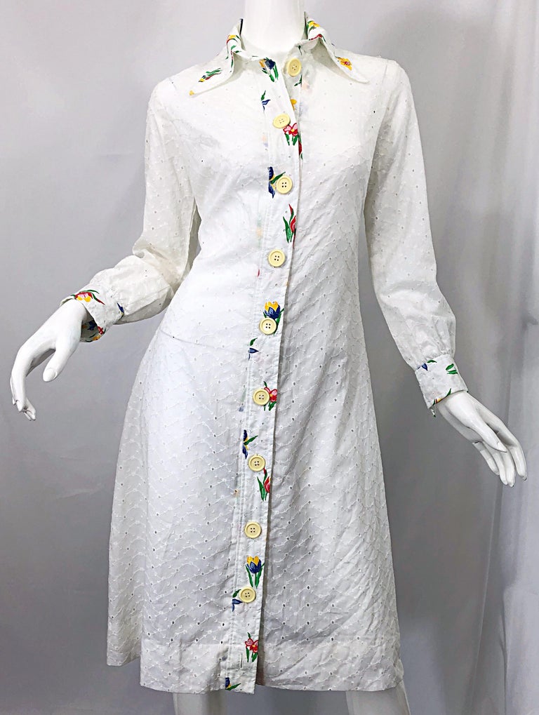 1970s Joseph Magnin White Eyelet Cotton Embrodiered Vintage 70s Shirt Dress 1970s Joseph Magnin White Eyelet Cotton Embrodiered Vintage 70s Shirt Dress