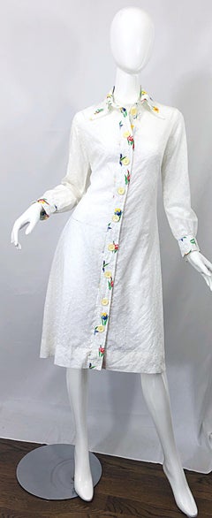 1970s Joseph Magnin White Eyelet Cotton Embrodiered Vintage 70s Shirt Dress