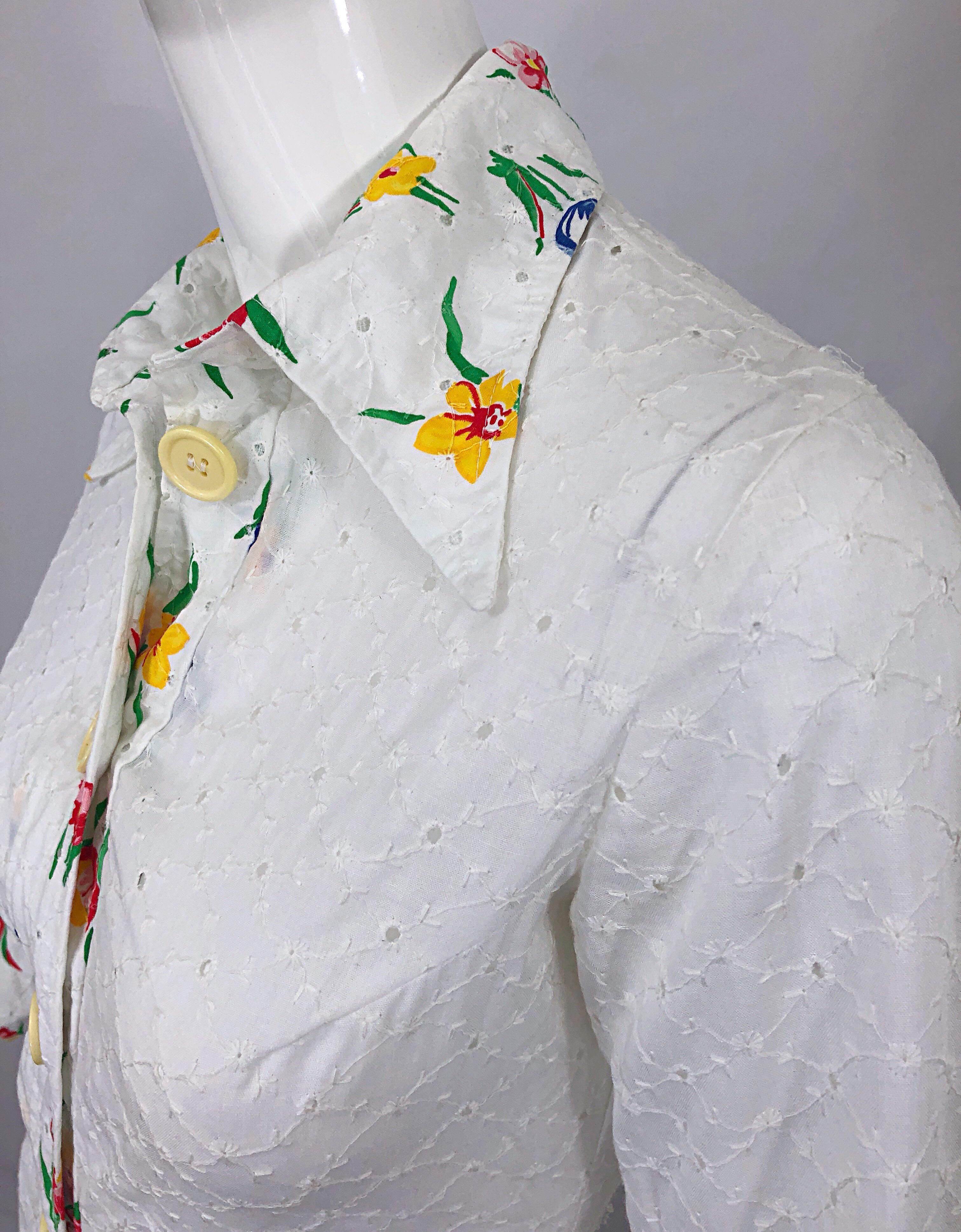 1970s Joseph Magnin White Eyelet Cotton Embrodiered Vintage 70s Shirt Dress For Sale 1