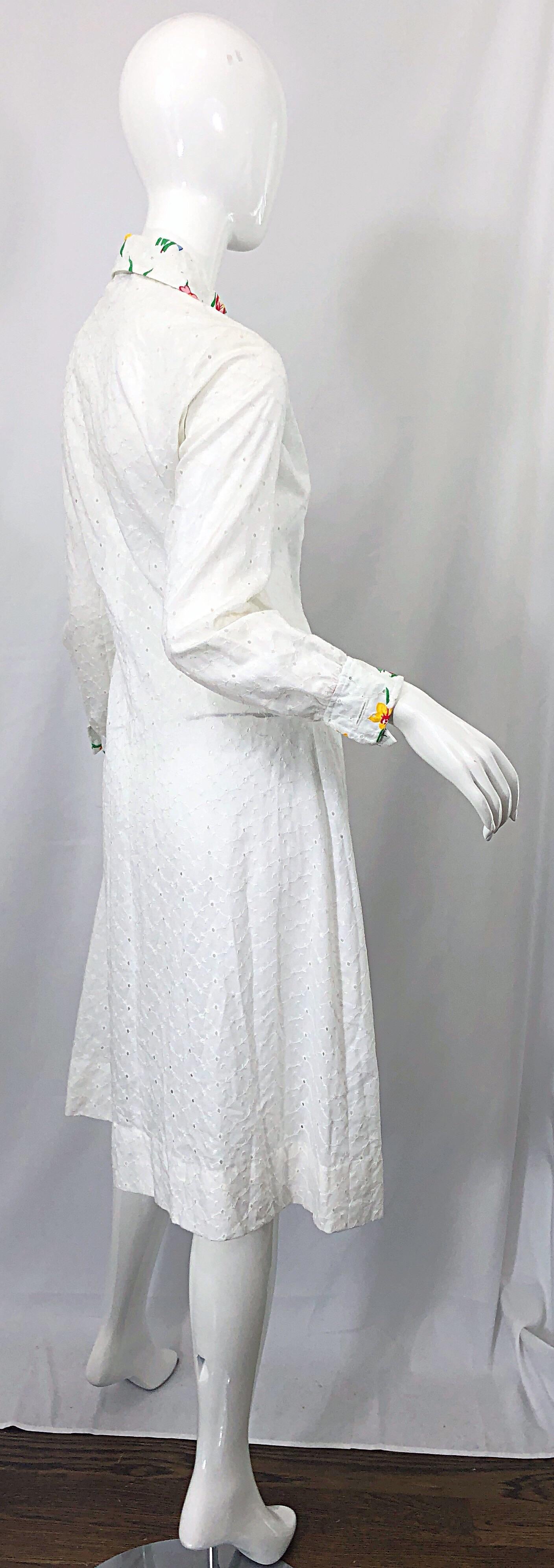 1970s Joseph Magnin White Eyelet Cotton Embrodiered Vintage 70s Shirt Dress For Sale 4