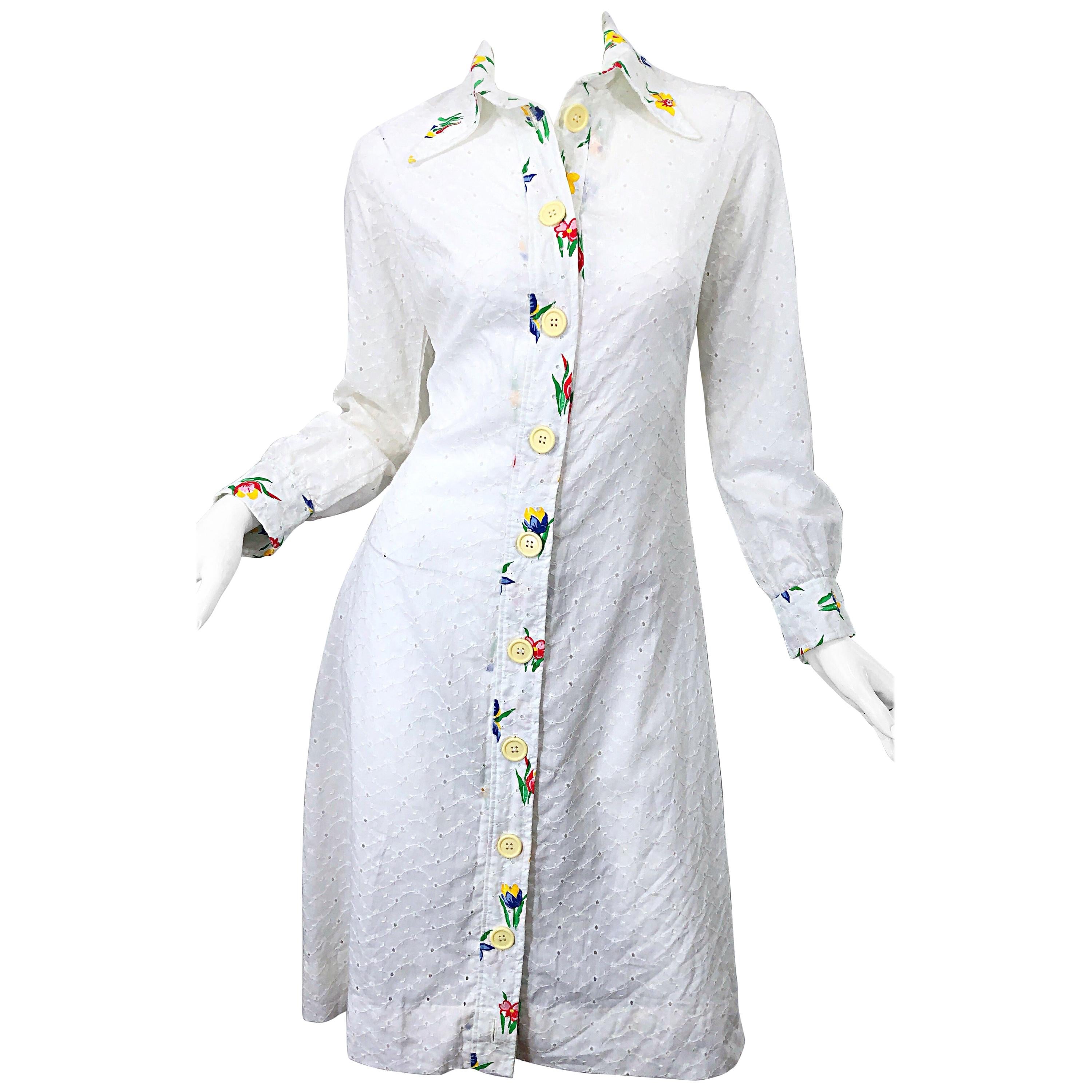 1970s Joseph Magnin White Eyelet Cotton Embrodiered Vintage 70s Shirt Dress For Sale