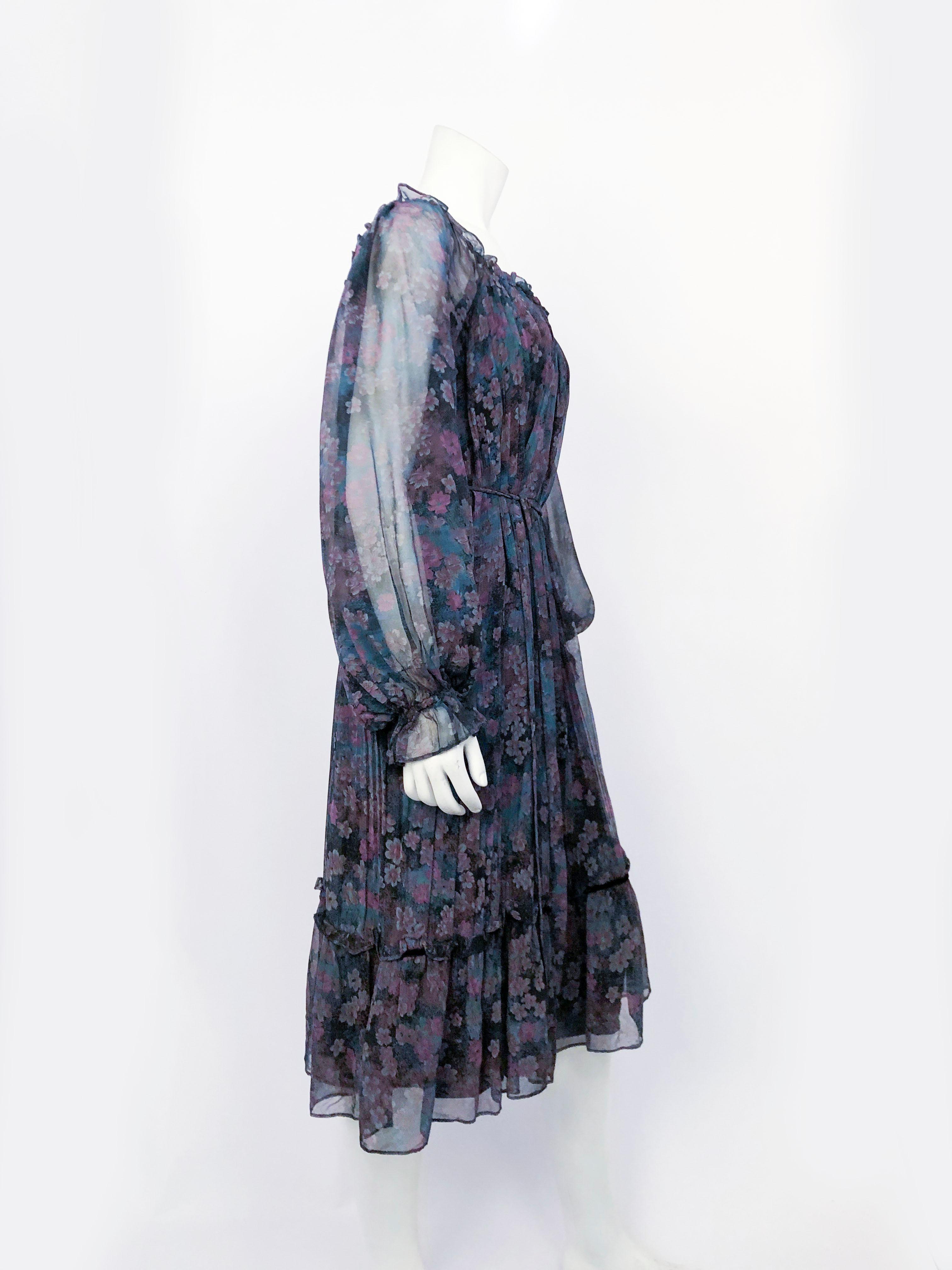 Black 1970s Joseph Magnin Bohemian Floral Printed Dress For Sale