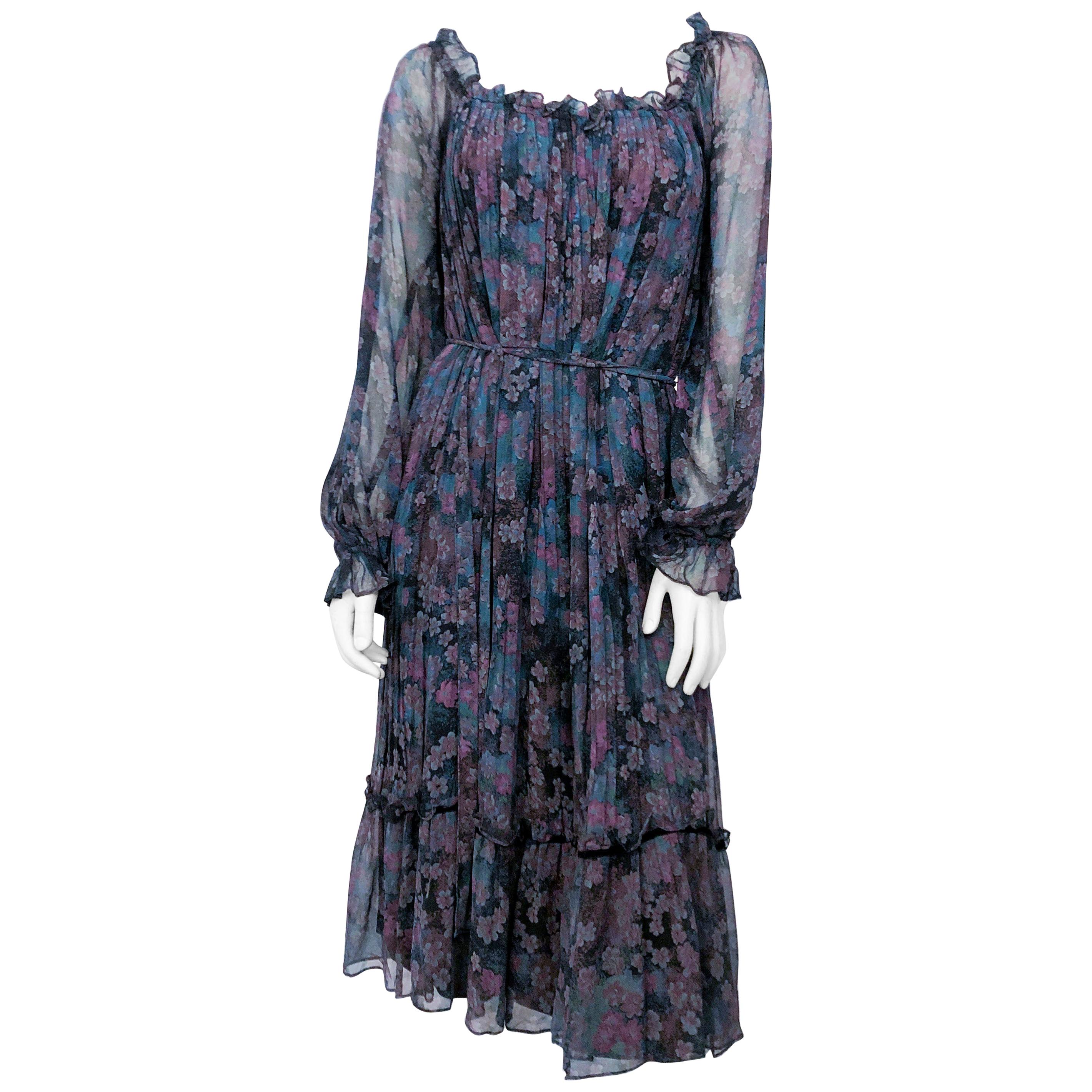 1970s Joseph Magnin Bohemian Floral Printed Dress For Sale
