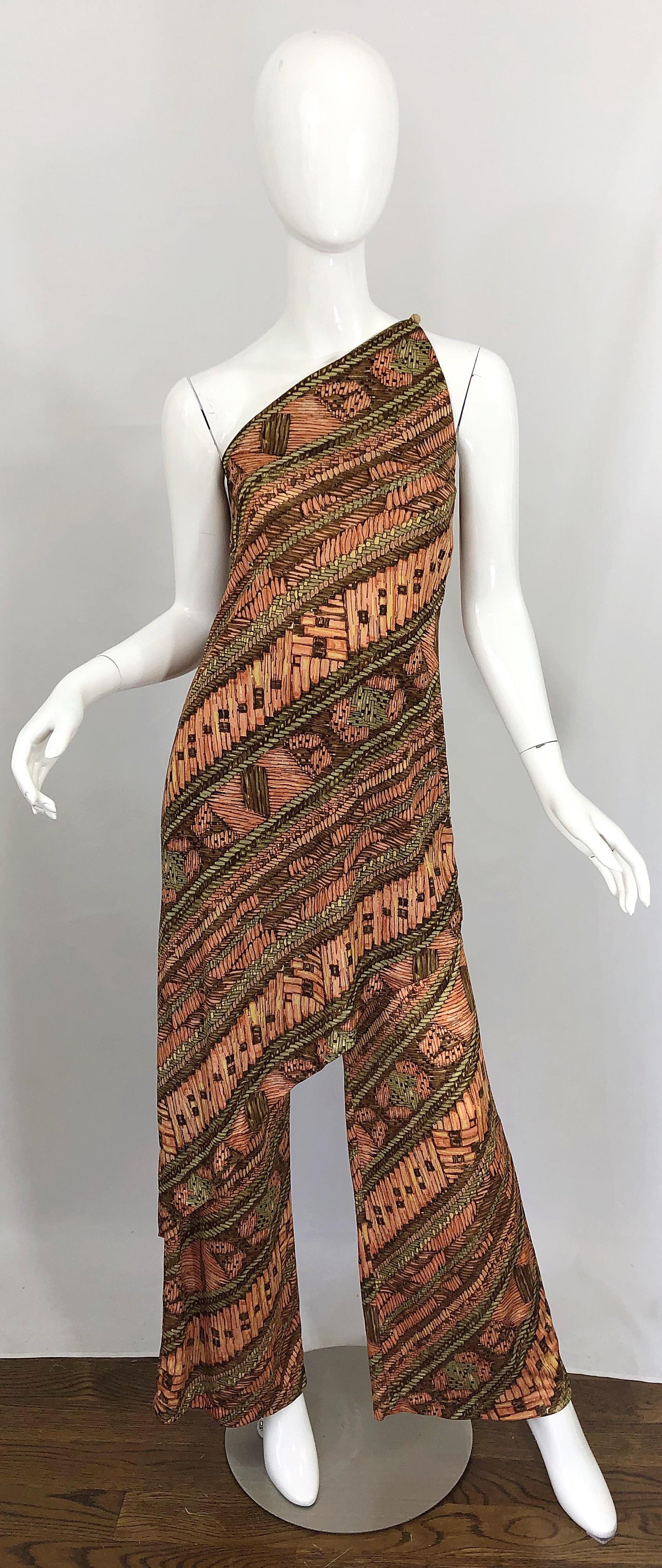 1970s Joy Stevens Batik Print Jersey Tunic Dress and Wide Leg Pants 70s Jumpsuit 10