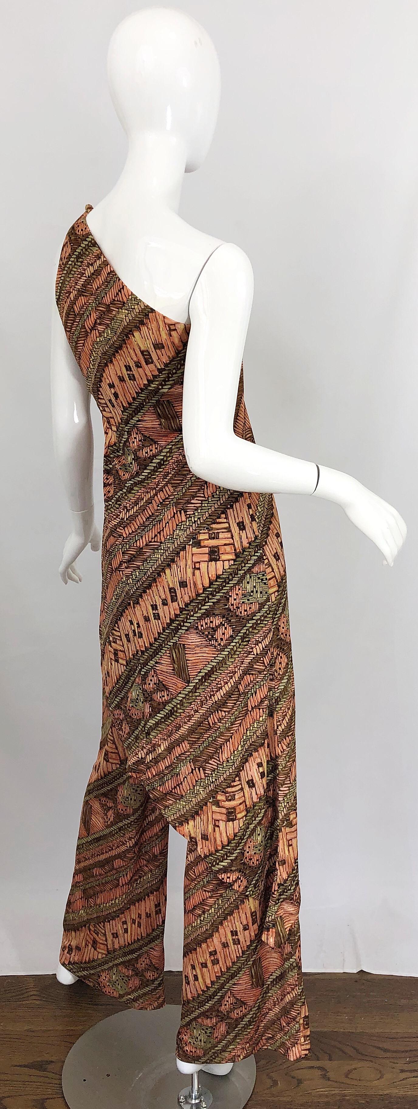 1970s Joy Stevens Batik Print Jersey Tunic Dress and Wide Leg Pants 70s Jumpsuit In Excellent Condition In San Diego, CA