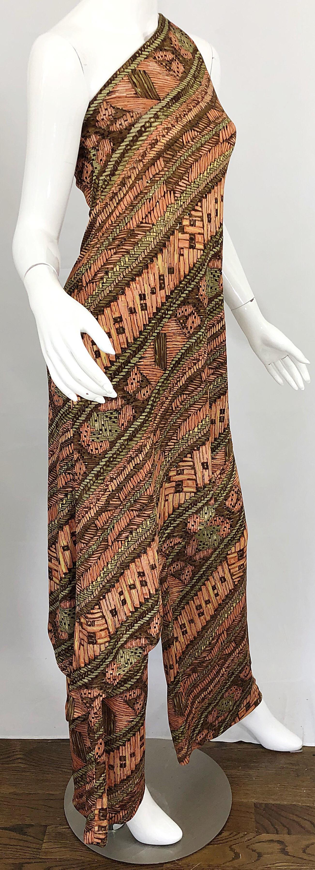 1970s Joy Stevens Batik Print Jersey Tunic Dress and Wide Leg Pants 70s Jumpsuit 2
