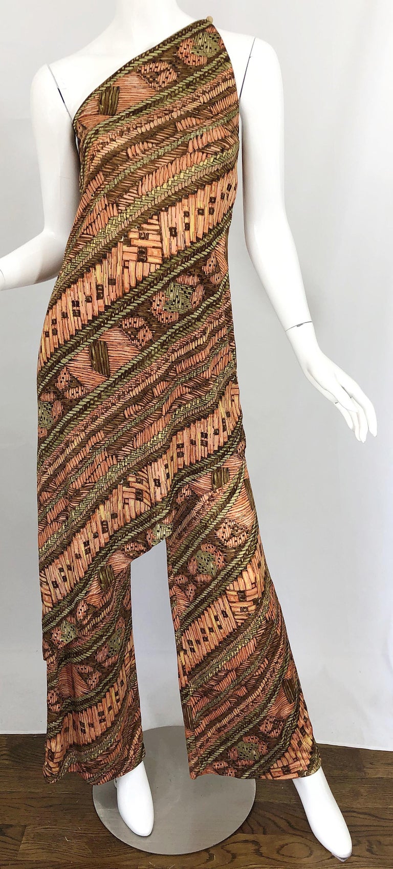 1970s Joy Stevens Embroidered Brown Jersey Halter Dress