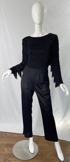 1970s Joy Stevens Black Fringe Jersey Vintage 70s Disco Studio 54 Jumpsuit