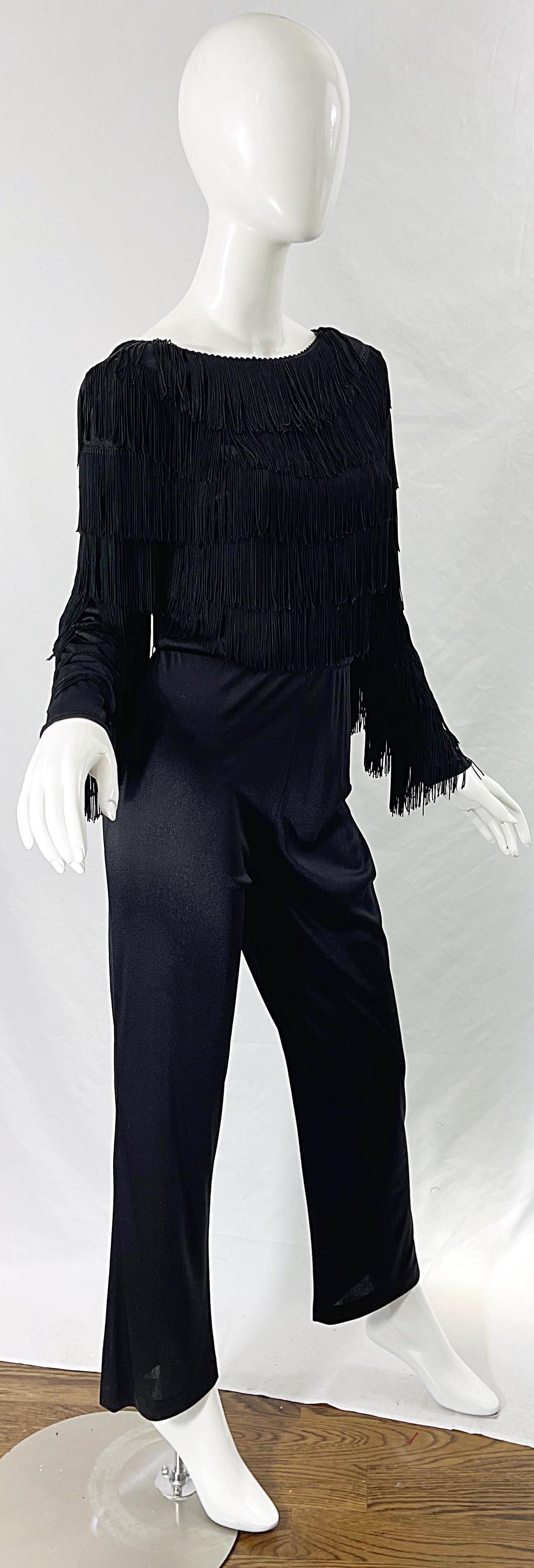 Women's 1970s Joy Stevens Black Fringe Jersey Vintage 70s Disco Studio 54 Jumpsuit