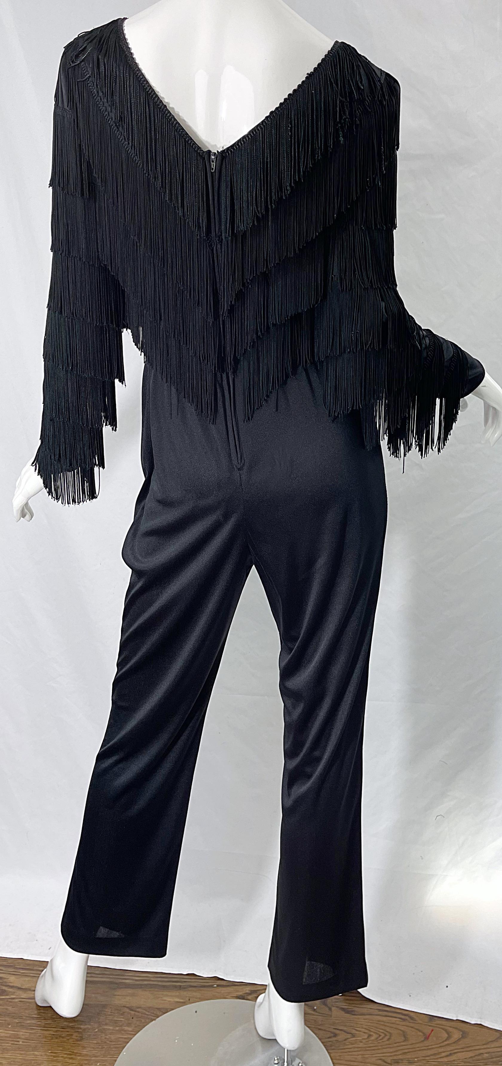 1970s Joy Stevens Black Fringe Jersey Vintage 70s Disco Studio 54 Jumpsuit 1