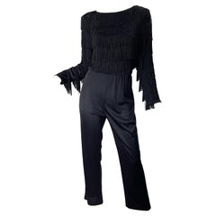 1970s Joy Stevens Black Fringe Jersey Vintage 70s Disco Studio 54 Jumpsuit