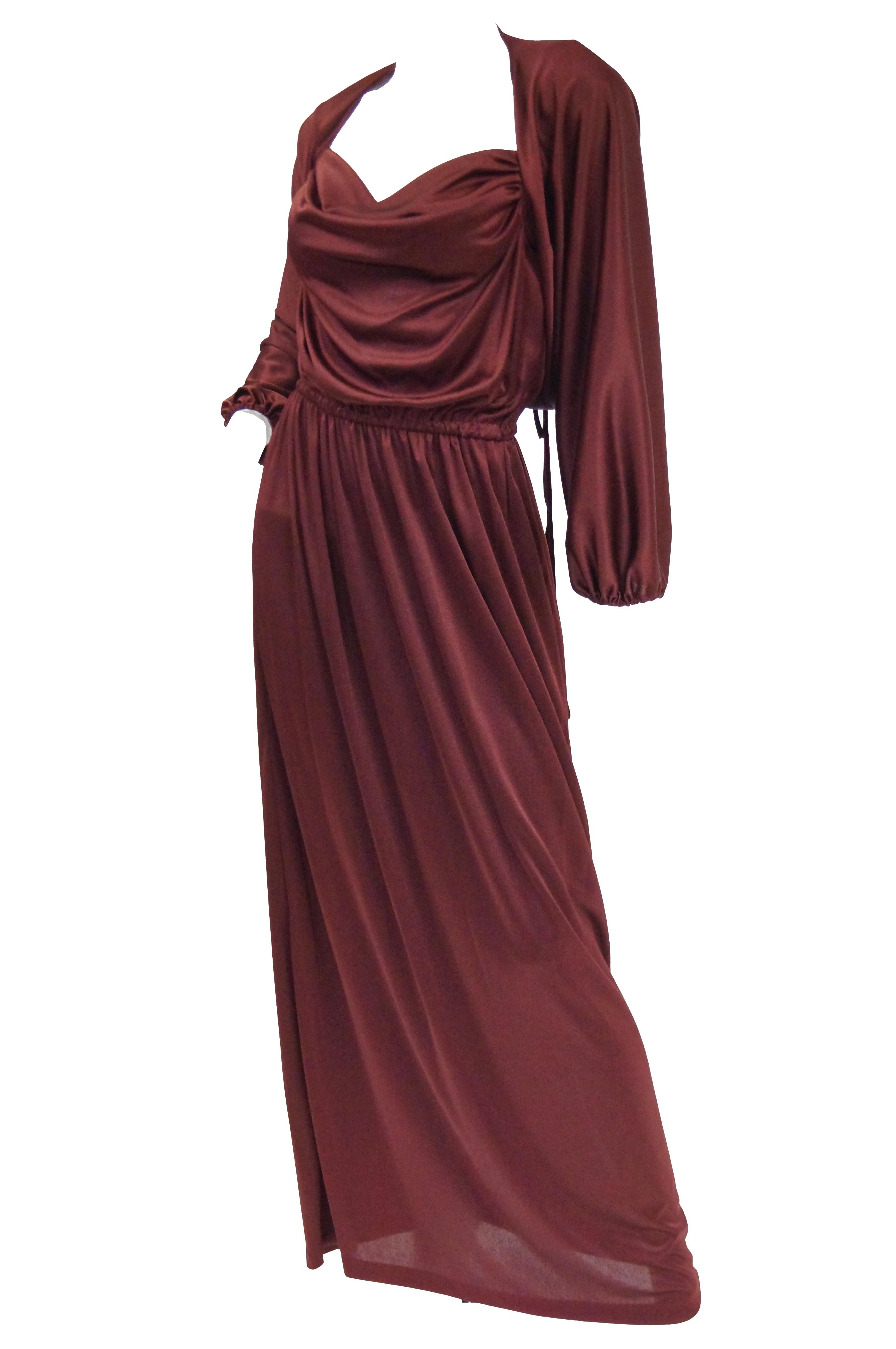 Brown 1970s Joy Stevens Tyrian Purple Draped Knit Evening Dress with Jacket For Sale